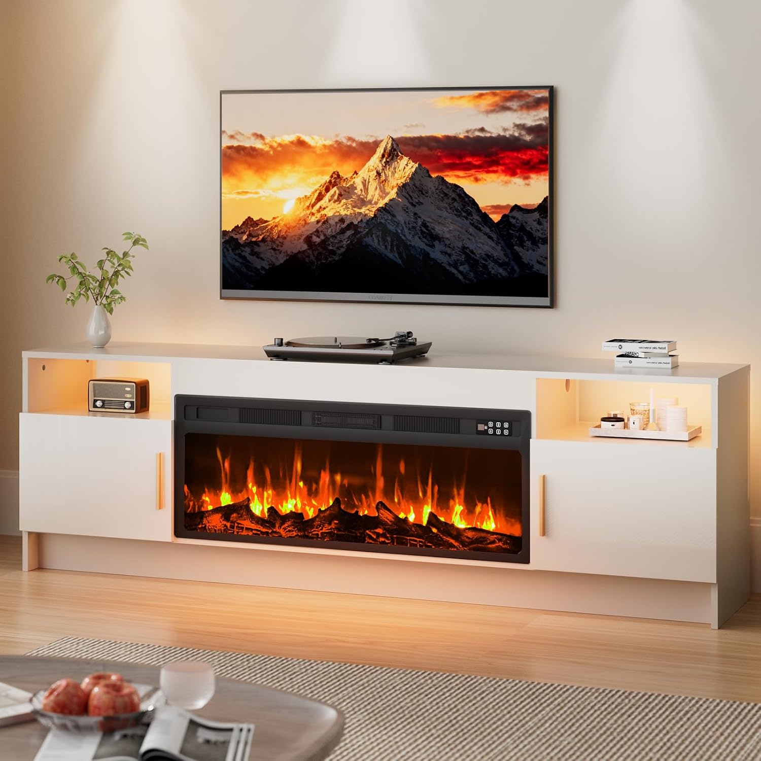 EAG 70' Electric Fireplace TV Stand with 36 inch Fireplace Up to 80' TVs, Entertainment Center with with Storage Cabinet & LED Lights, Modern Media Console for Living Room, White