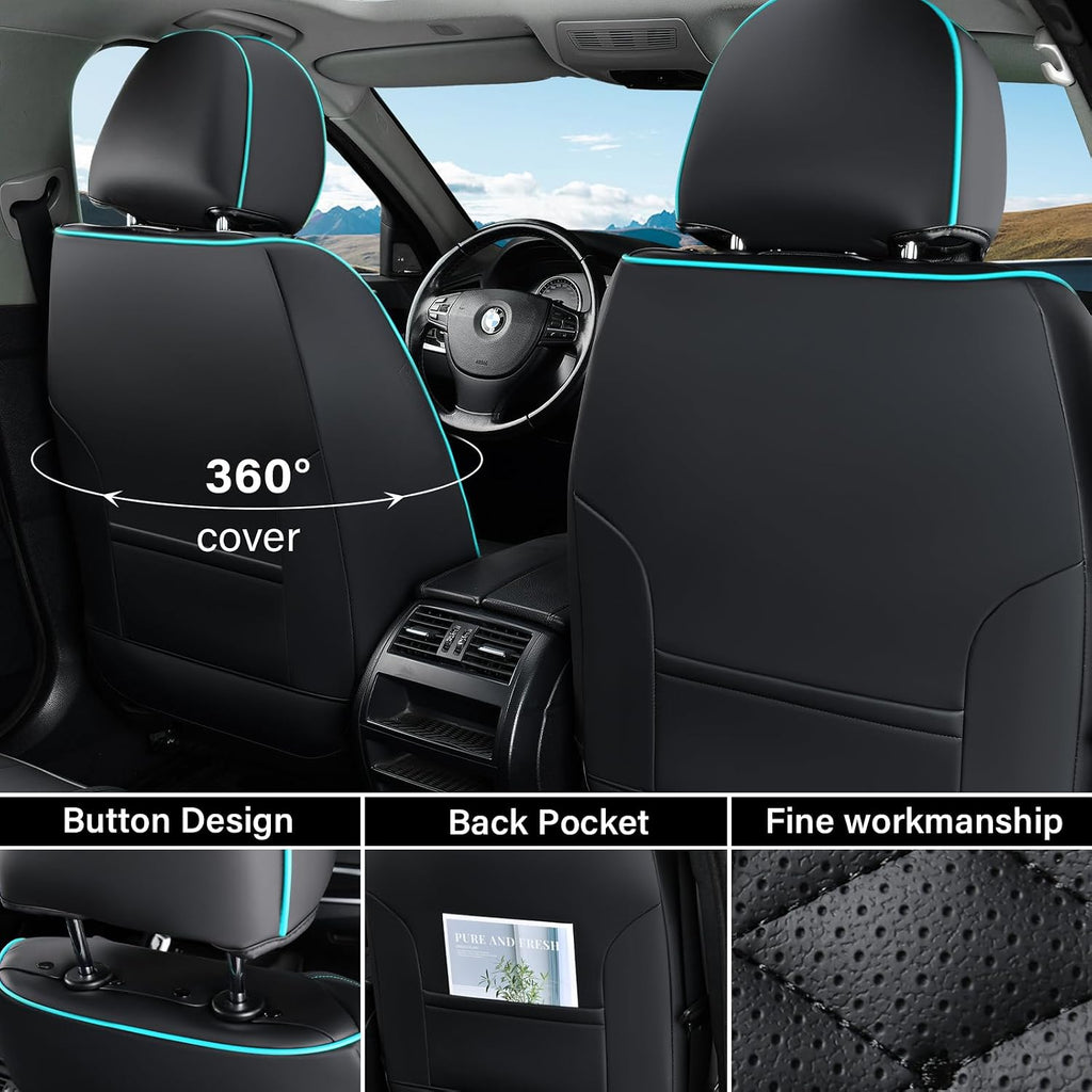 Coverado Leather Seat Covers, Car Seat Covers Full Set, Nappa Leather Seat Covers for Cars, Car Seat Protector Waterproof, Black Car Seat Cover, Universal Seat Cover Fit for Most Cars(Black&Blue)