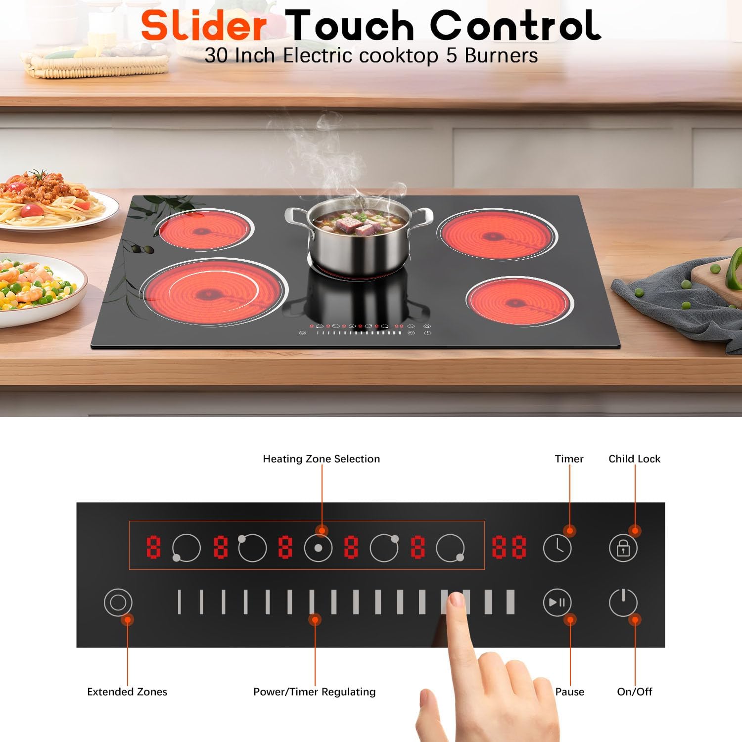 30 Inch Electric Cooktop 8400W 5 Burner Electric Stove Top with Slider Control Built-in Ceramic Cooktop 30'', Dual Oval Zone, Timer & Safety Lock, Hot Surface Indicator, 220V, Hard Wire No Plug