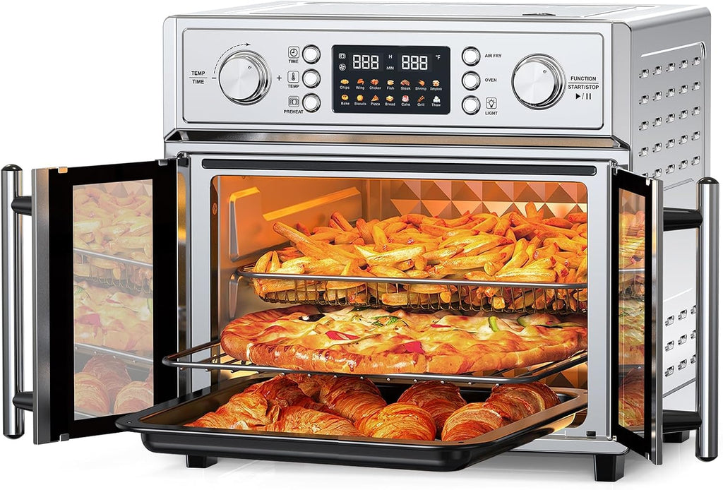 Plum chef 27.5QT French Door Air Fryer Toaster Oven Combo, Countertop Oven with 14 Presets & Digital Control, Extra Large Toaster Oven for Baking, Roasting, Accessories Includes,Stainless Steel