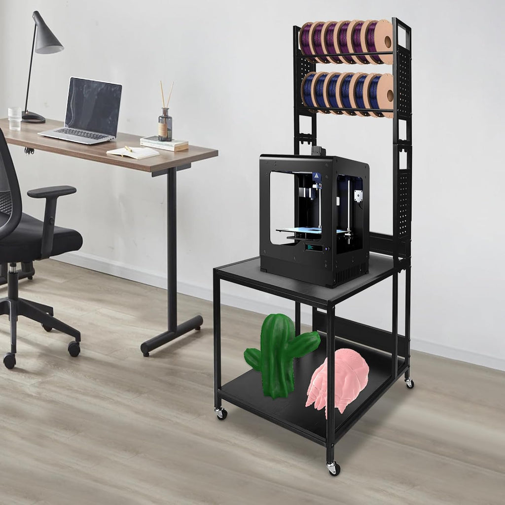 3D Printer Stand with Storage & Wheels, Heavy Duty Rolling Printer Cart 2-Tier Printer Table with Spool Rack, Locking Casters, 110 lbs Capacity (Black)