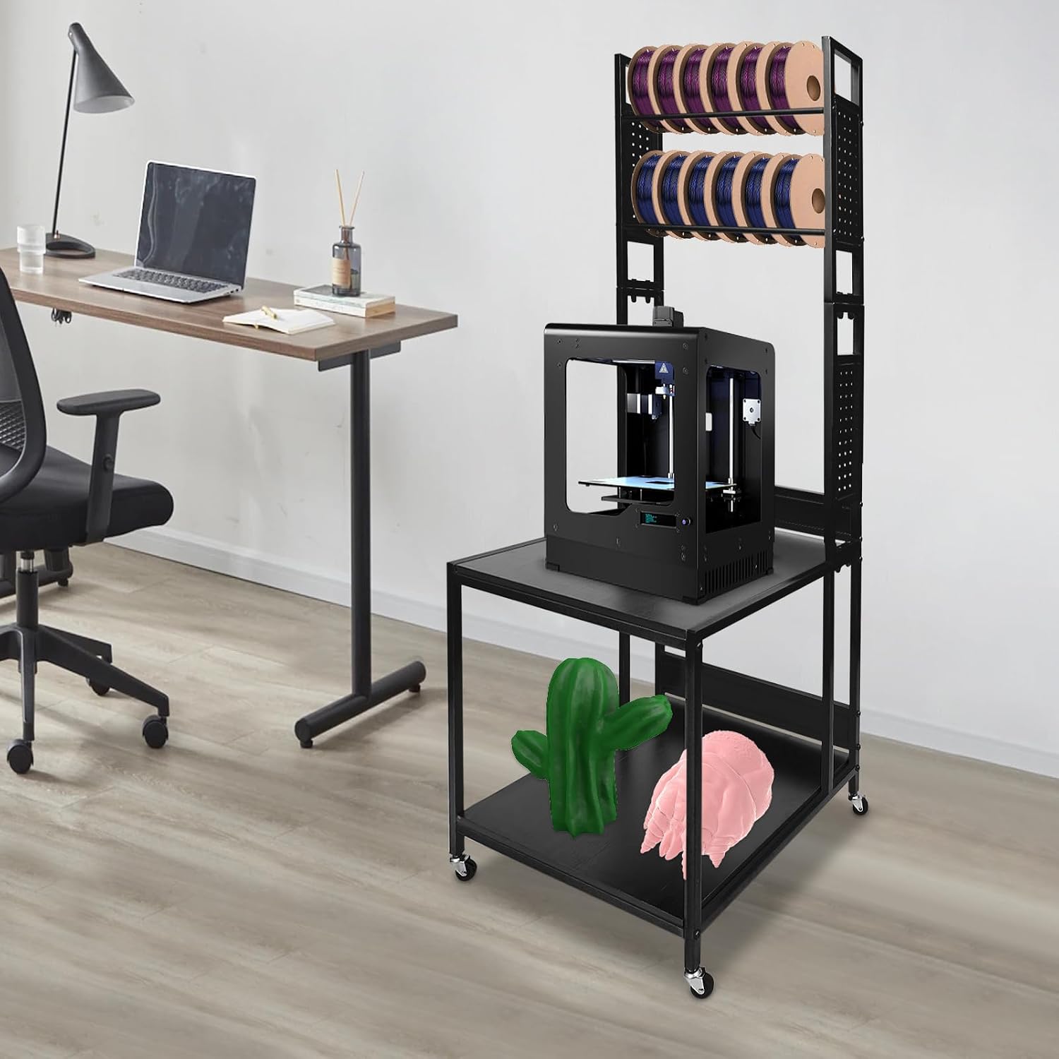 3D Printer Stand with Storage & Wheels, Heavy Duty Rolling Printer Cart 2-Tier Printer Table with Spool Rack, Locking Casters, 110 lbs Capacity (Black)