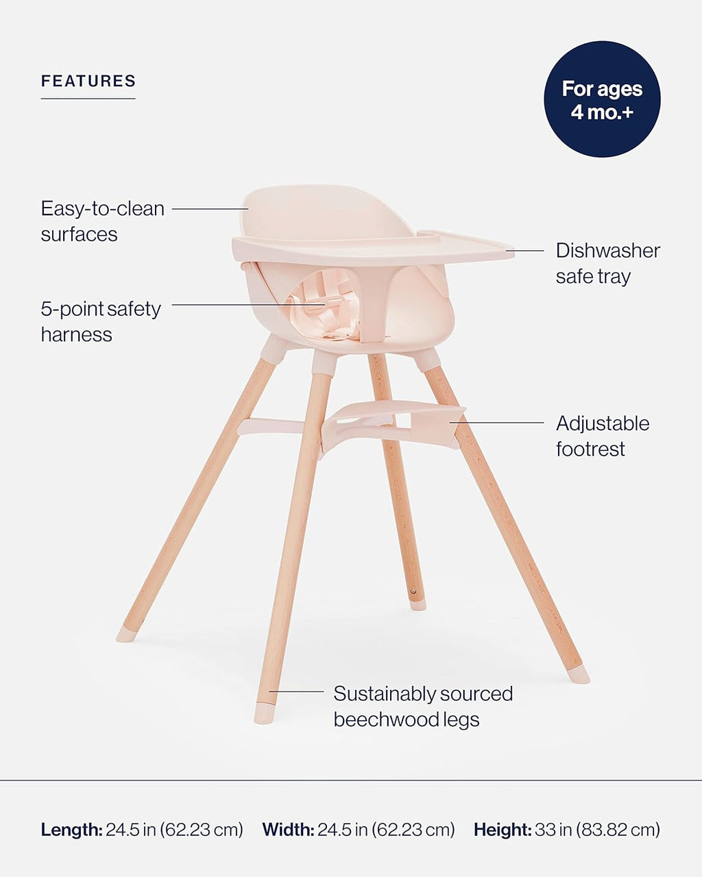 Lalo The Chair Convertible 3-in-1 High Chair for Babies & Toddlers, Dishwasher Safe Tray, Adjustable Footrest, Grapefruit
