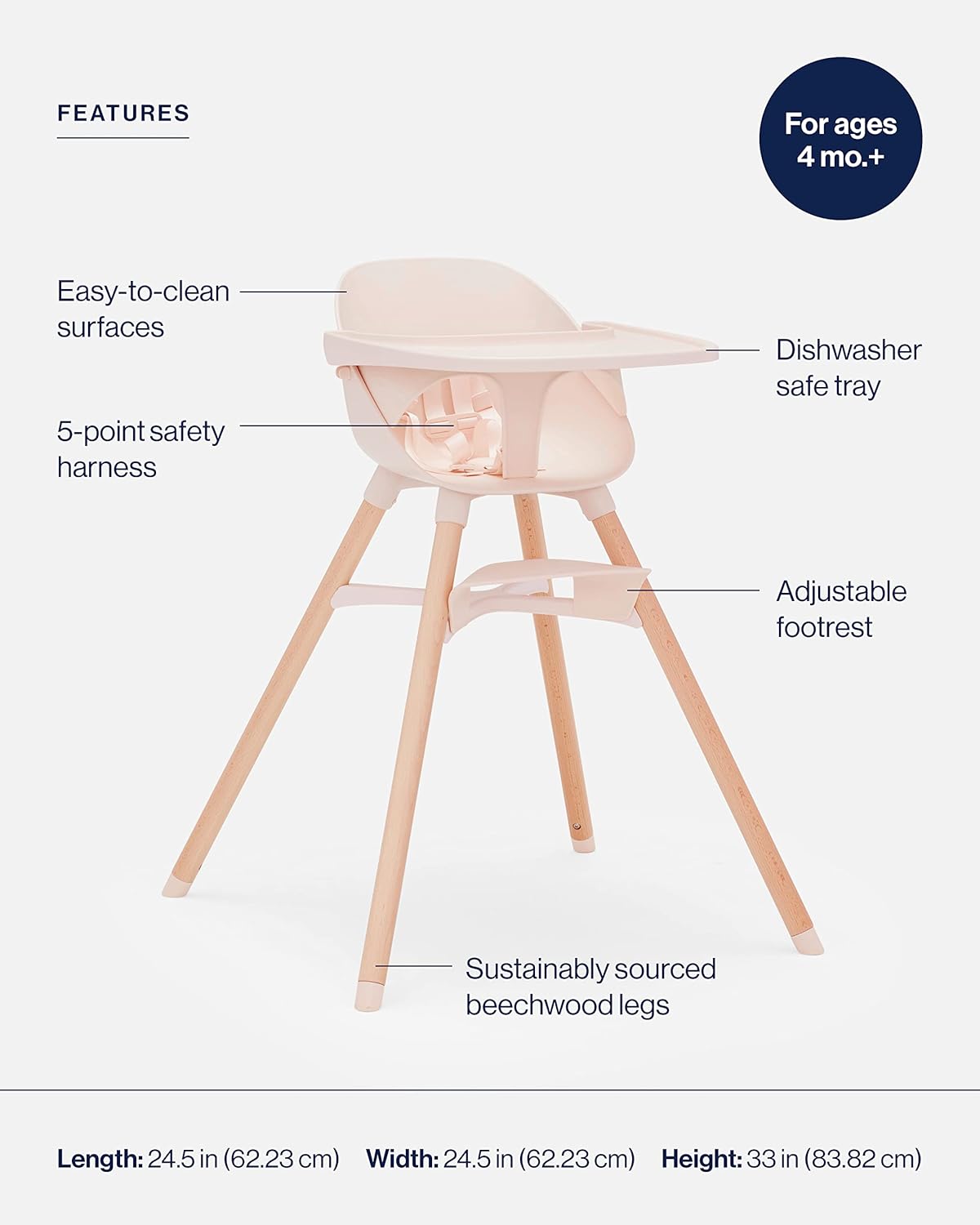 Lalo The Chair Convertible 3-in-1 High Chair for Babies & Toddlers, Dishwasher Safe Tray, Adjustable Footrest, Grapefruit