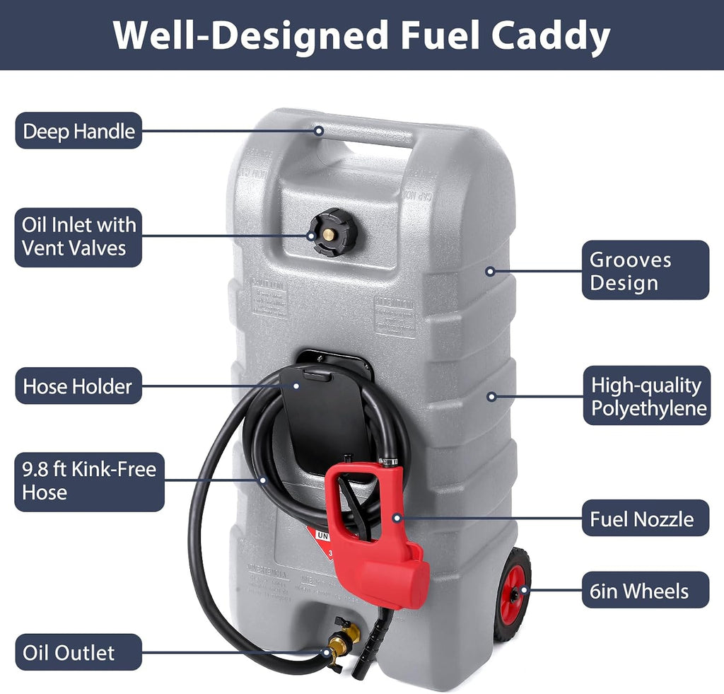 GAOMON Fuel Caddy, 15 Gallon Portable Gasoline Tank Container With Le Fluid Delivery Siphon Pump and 10ft Delivery Hose, Diesel Storage Tank On Wheels for Cars, Lawnmowers, Atvs, and Boats, Gray