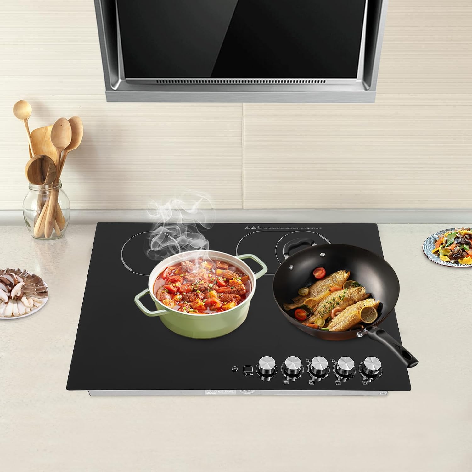 Electric Cooktop 30 Inch, Electric Stovetop Built-In Electric Cooktop 4 Burner Stove Top with Safe Lock, 600W-1200W Desktop/Embedded Electric Ceramic Cooktop with Led Display, 29.53 * 20.08 * 3.94In