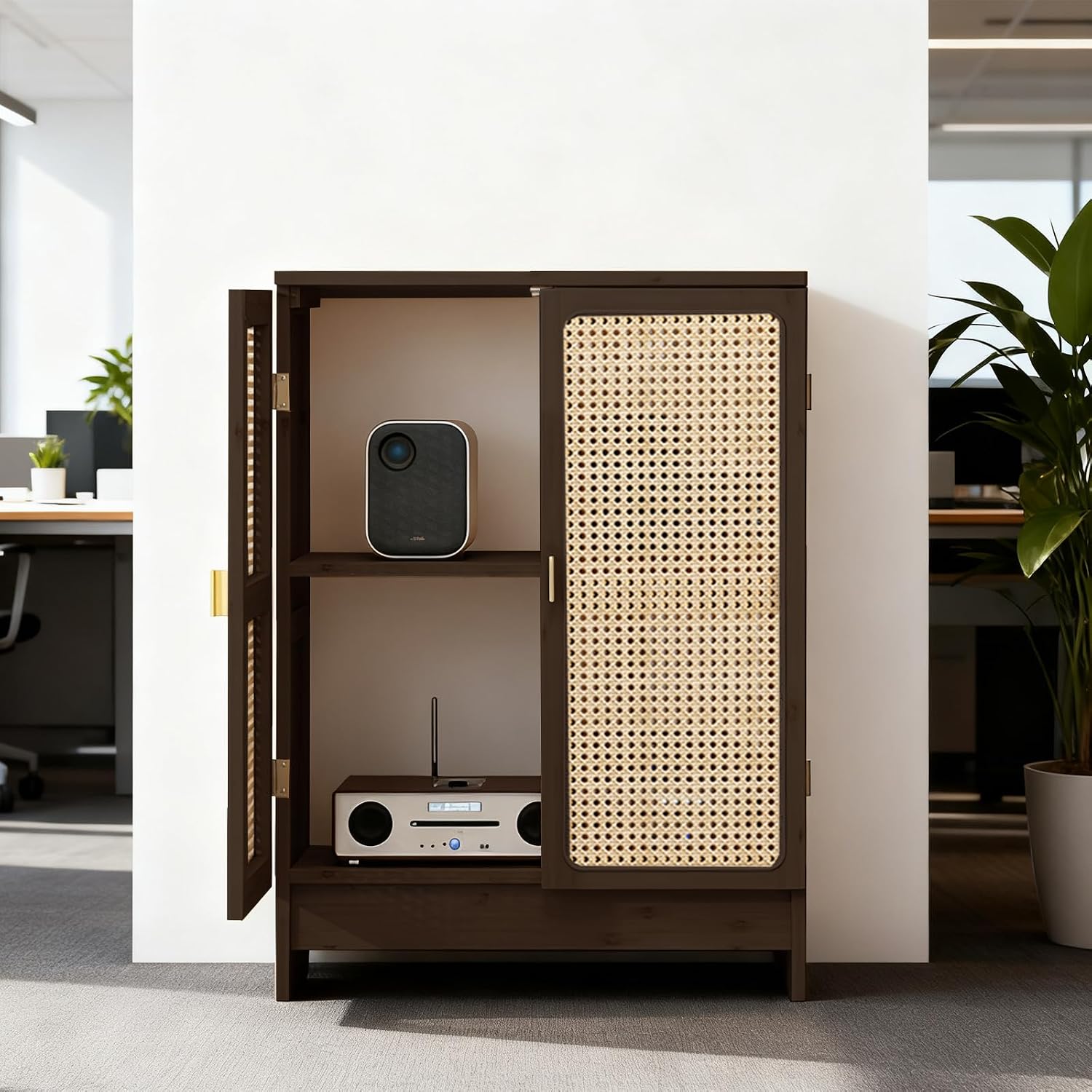 Jueraori WiFi Router Storage Cabinet, Bamboo Router Cabinet with Adjustable Shelves, Multimedia Audio Rack with Doors, 2 Layer Standing Cabinets for Home and Office