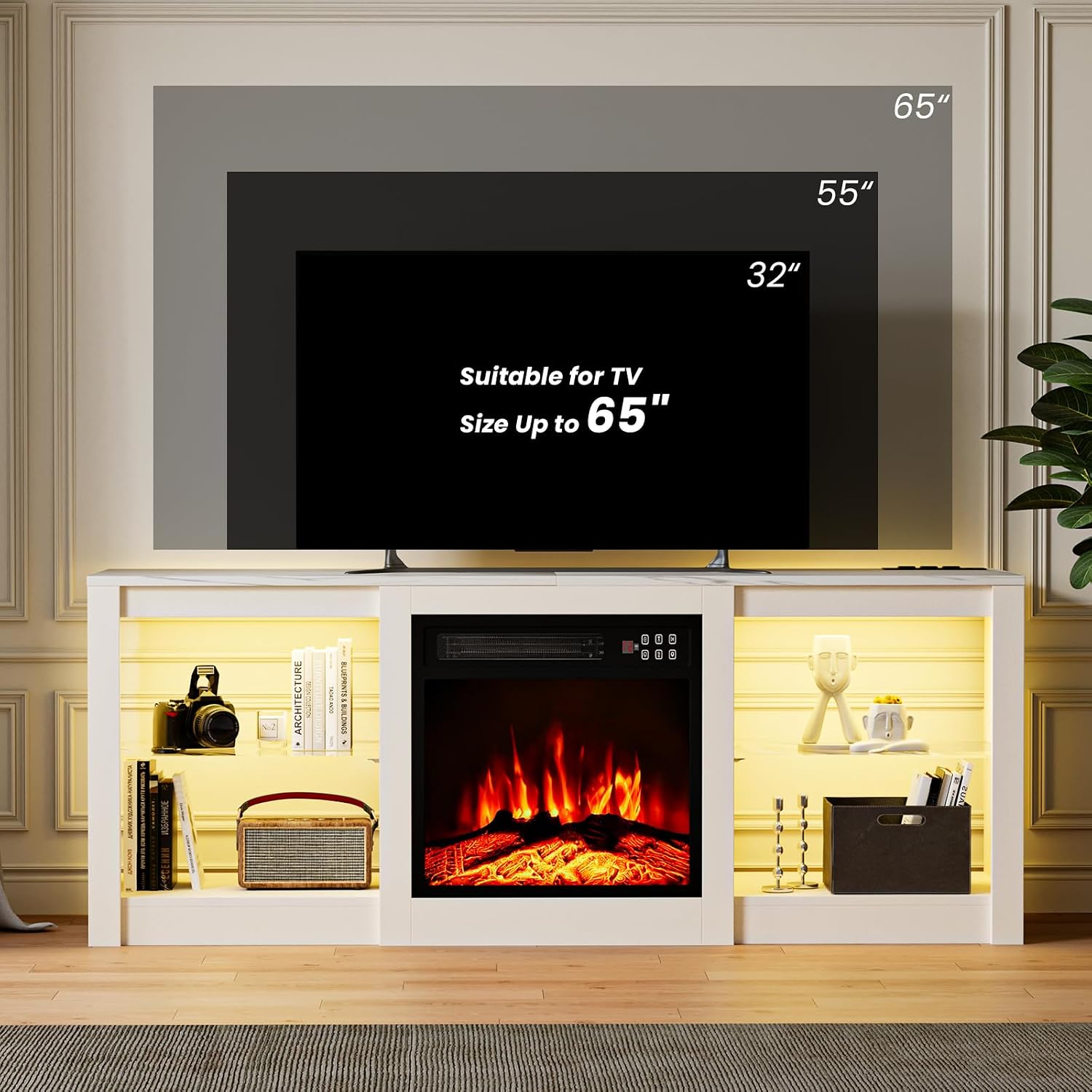EAG Fireplace TV Stand for 65' TV, TV Stand with 18' Electric Fireplace, Entertainment Center with Glass Shelves, LED Lights and Power Outlets, Media TV Console for Living Room, White