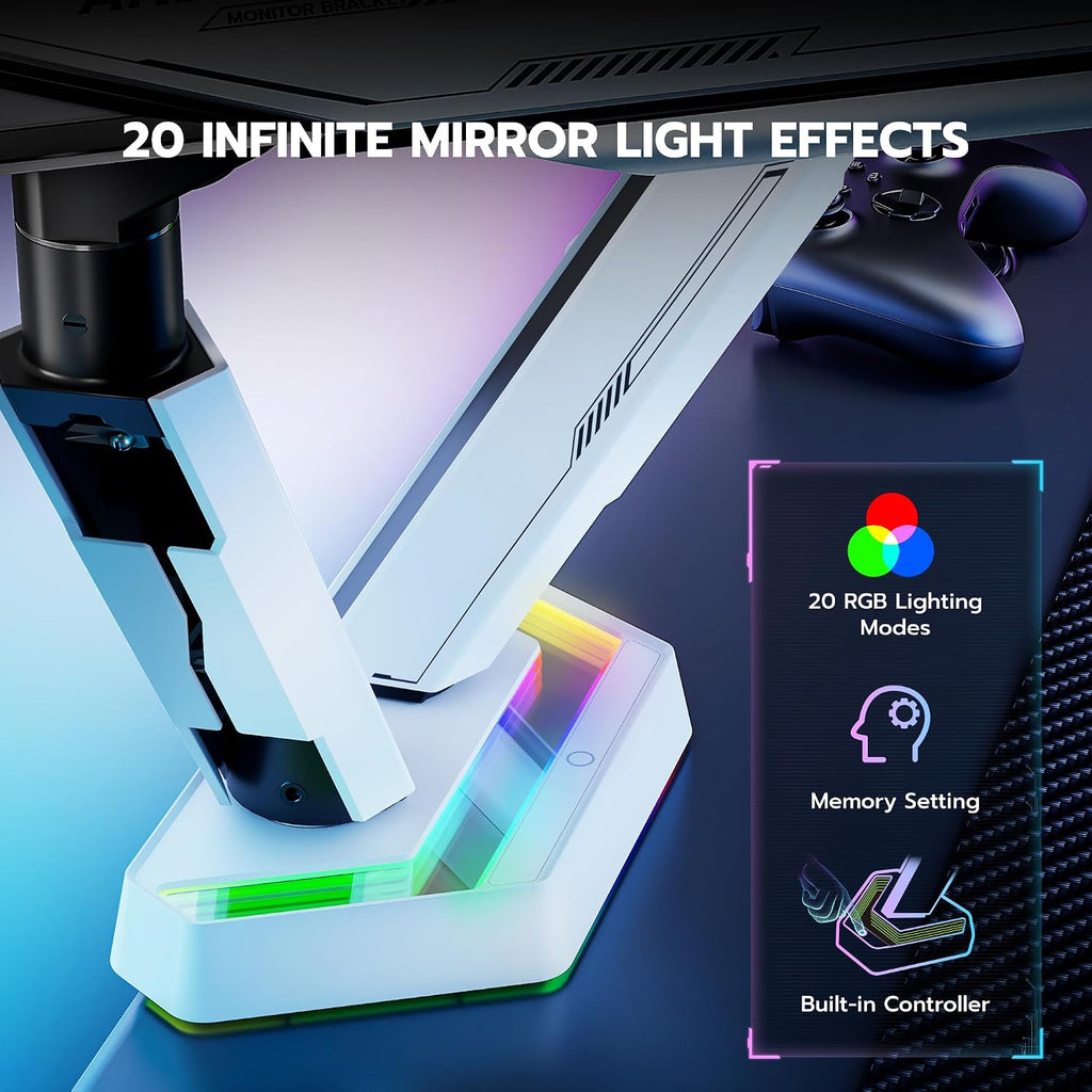 ARES WING RGB Dual Monitor Arm for 17-38' Ultrawide Screens, Holds 35.2lbs, Heavy Duty Dual Monitor Stand for Desk, Adjustable Double Monitor Mount with Clamp & Grommet Base, 75/100 VESA Mount, White