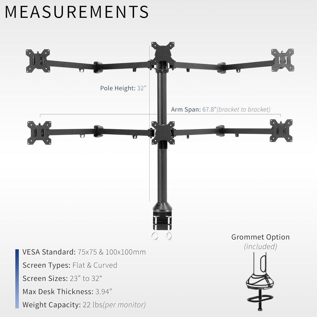 VIVO Steel Hex Monitor 23 to 32 inch LED LCD Clamp-on Desk Mount, Heavy Duty Articulating VESA Computer Stand, Holds 6 Screens, Fully Adjustable for Home Office Workstation, Black, STAND-V106A