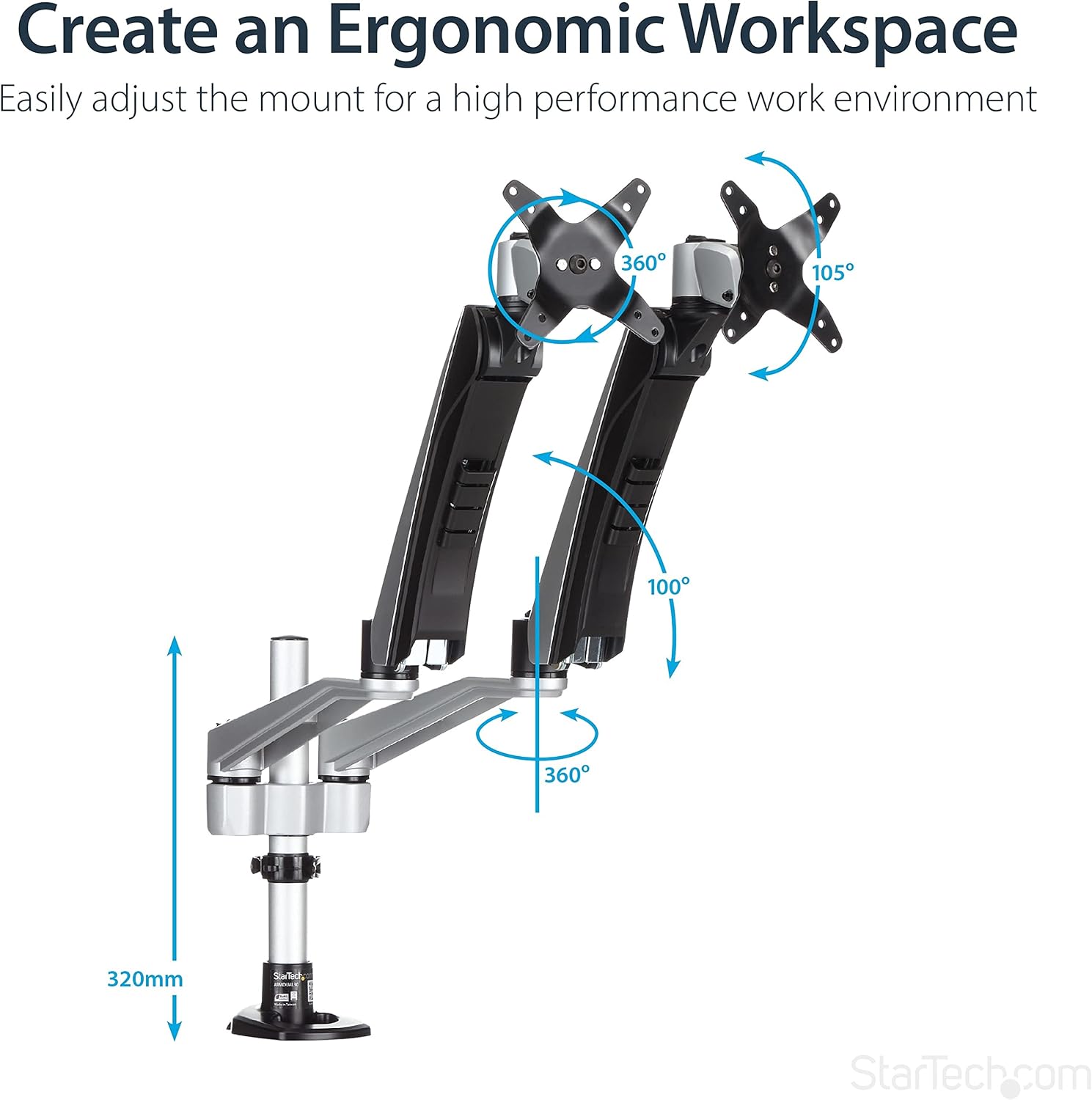 StarTech.com Desk Mount Dual Monitor Arm - Articulating - Supports VESA Monitors 12'' to 30' (19.8lb/9kg) - Adjustable - Grommet/Desk Mount - Premium - Silver, TAA (ARMDUAL30)