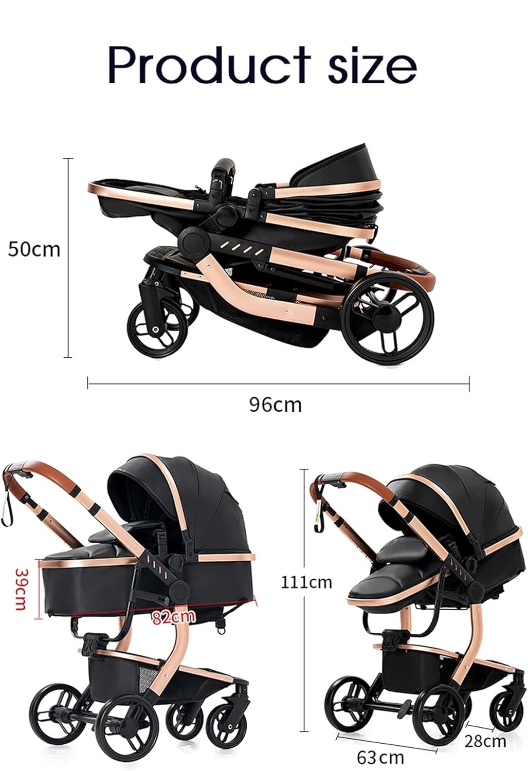 PU Leather 2 in 1 Baby Stroller, Convertible Pram, Reversible Standard Stroller, Portable Buggy, Infant Carriage, Foldable High Landscape Pushchair Toddler Newborn (2US518-White)