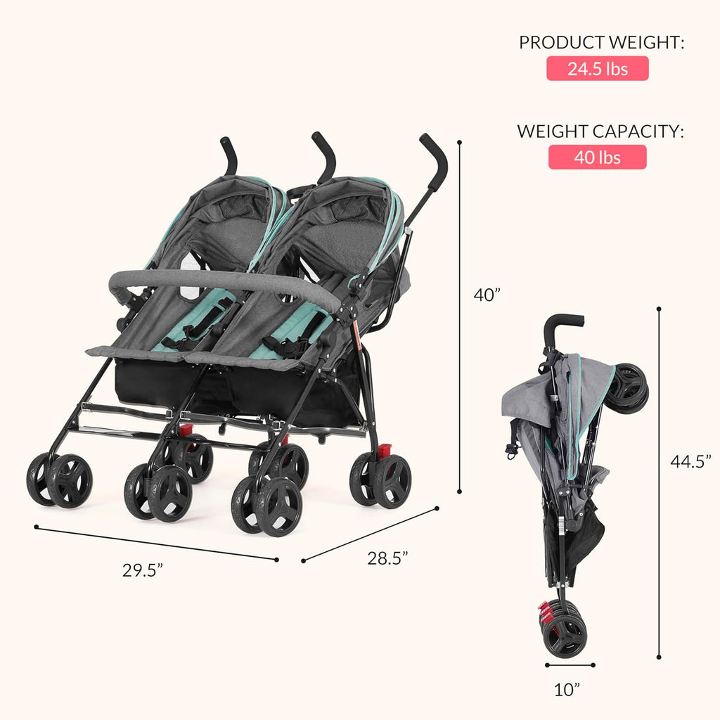 Dream On Me Volgo Twin Baby Stroller, Lightweight Side-by-Side Double Umbrella Stroller with Adjustable Canopy, 5-Point Harness, Storage Basket & Travel-Friendly Fold – Mint