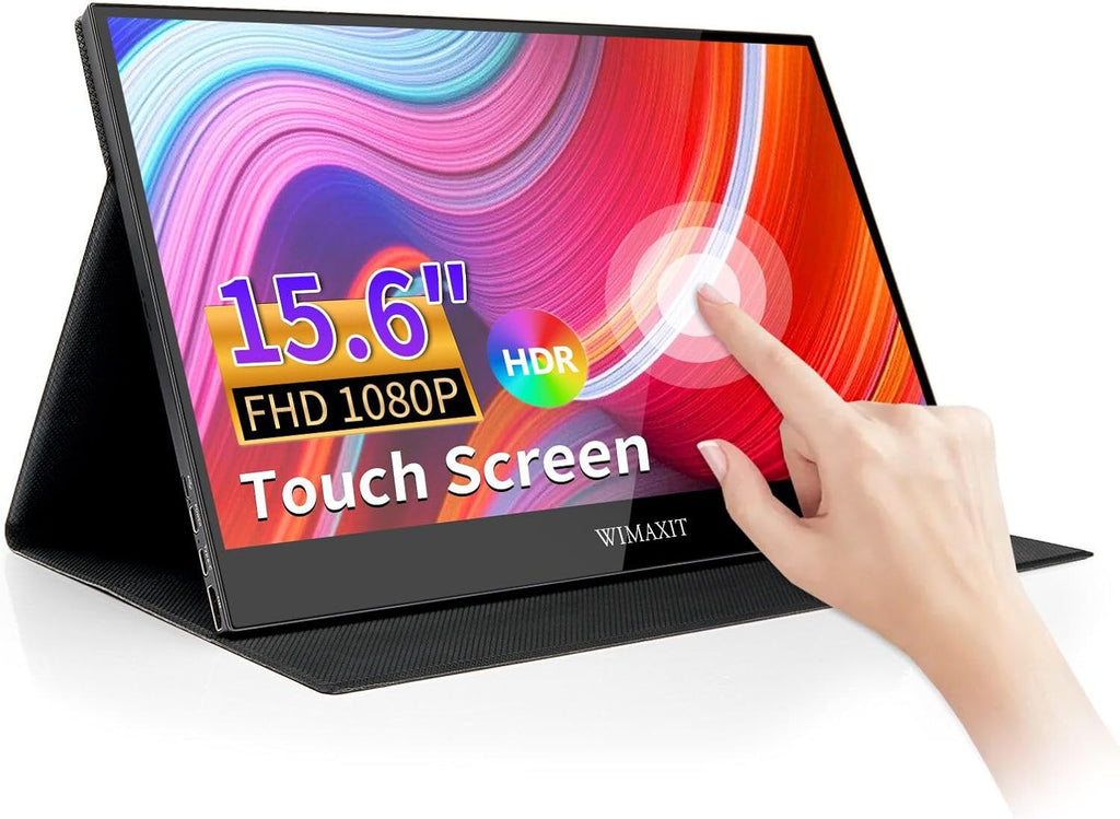 WIMAXIT 15.6 Inch Portable Touch Monitor with Dual Speakers, Full HD 1920 x 1080, VESA 75 mm, HDMI/USB-C Connection, Ideal for Laptops, Xbox and Smartphones