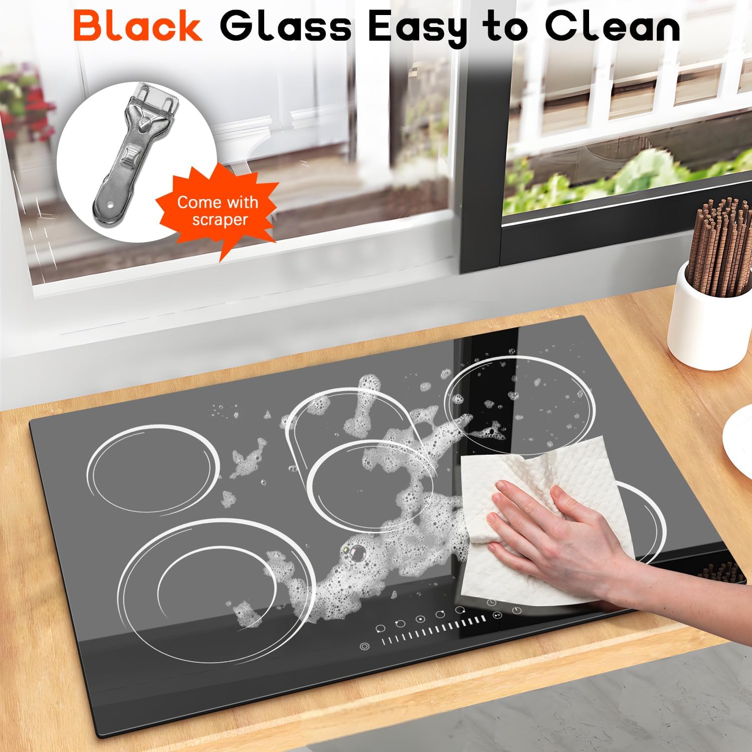 30 Inch Electric Cooktop 8400W 5 Burner Electric Stove Top with Slider Control Built-in Ceramic Cooktop 30'', Dual Oval Zone, Timer & Safety Lock, Hot Surface Indicator, 220V, Hard Wire No Plug