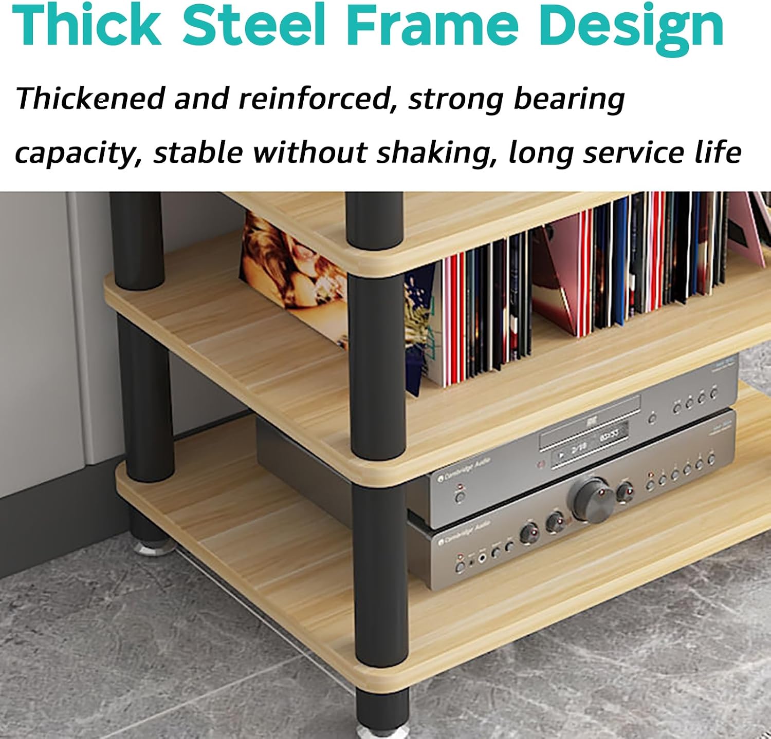 AV Media Stand 1/2/3/4 Tier Record Player DVD CD Audio Rack Tower Holder, Adjustable Media Storage Cabinet, Entertainment Stereo Racks Equipment Console Shelf,Black,3 Tier