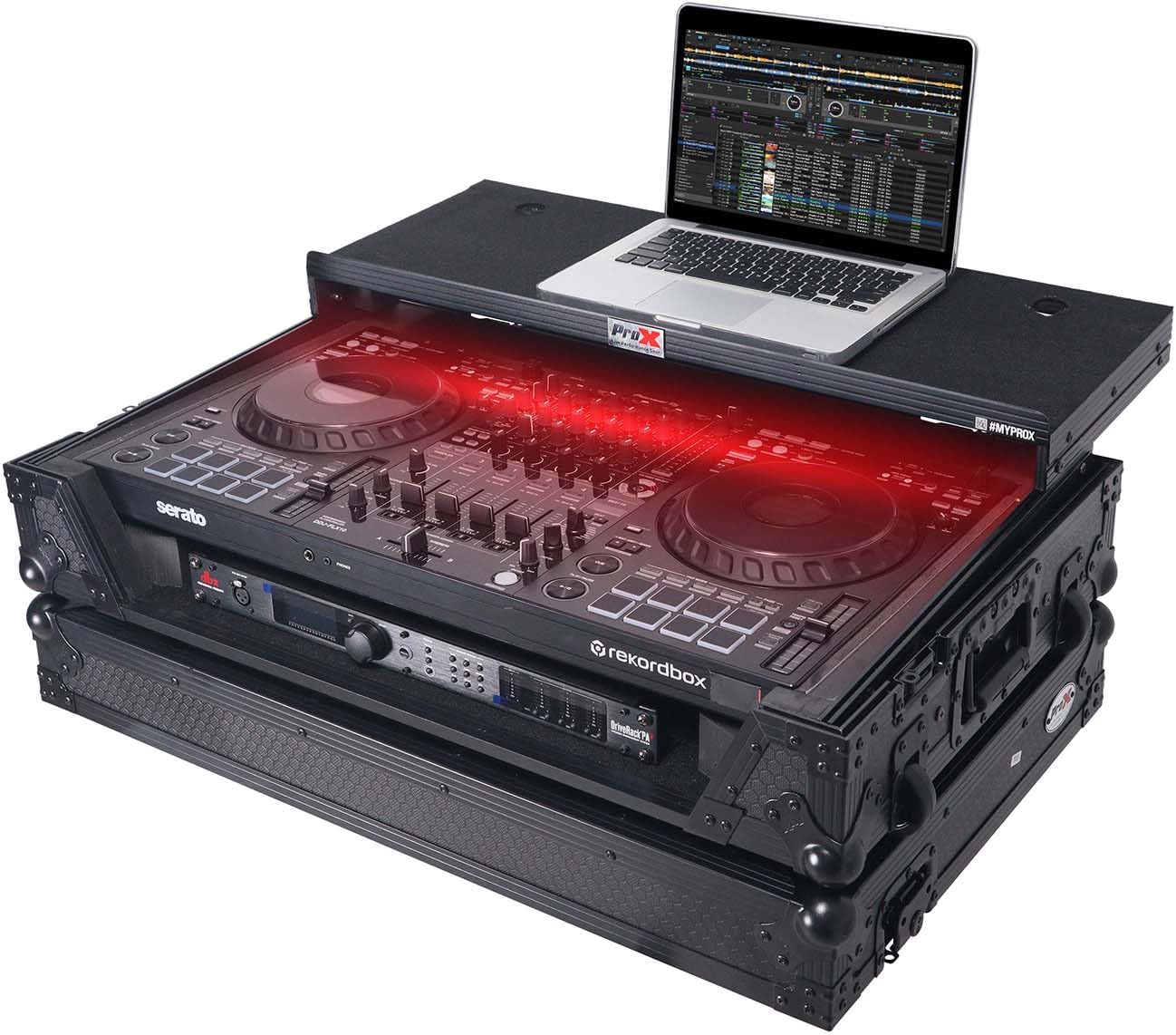 ProX XS-DDJFLX10WLTBL ATA Flight Style Road Case For Pioneer DDJ-FLX10 DJ Controller with Laptop Shelf 1U Rack Space Wheels and LED Black Finish