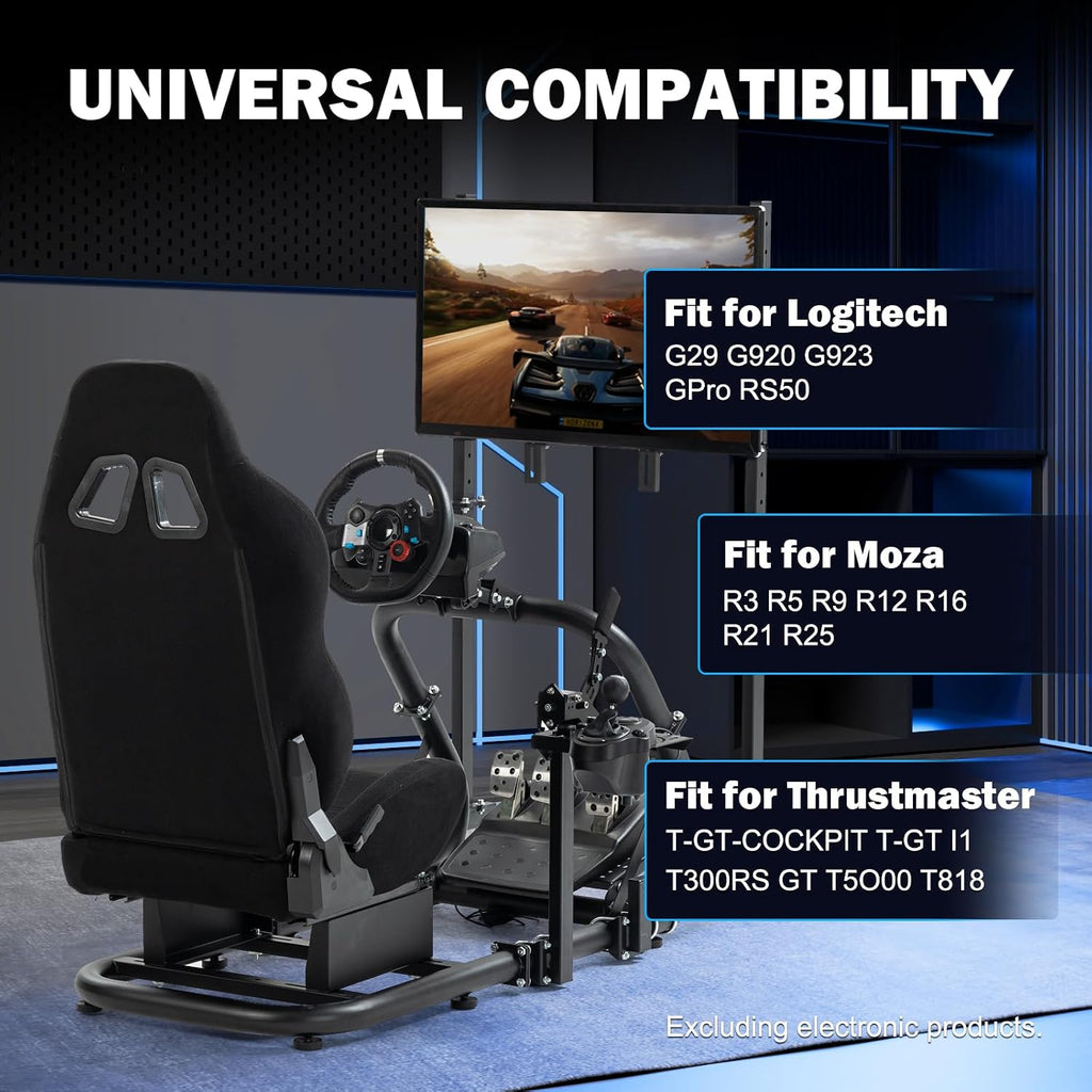 Anman Pro Adjustable Sim Racing Simulator Cockpit Black Seat with Display TV Monitor Stand Fits for Logitech G27 G920 G29 G25,for Thrustmaster T300RS TX, for Fanatec,Wheel Pedals Not Included