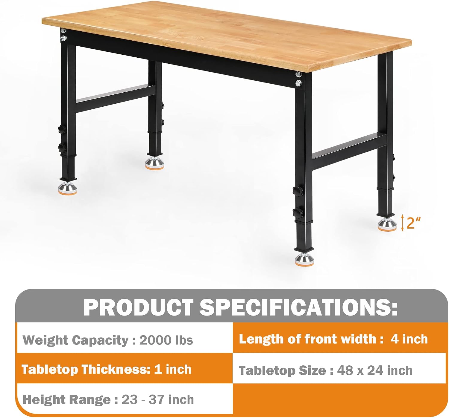 Betterhood 48' Heavy-Duty Adjustable Workbench for Garage, Rubber Wood Shop Table W/Rubber Pads, Hardwood Workstation Weight Capacity Over 2000 Lbs