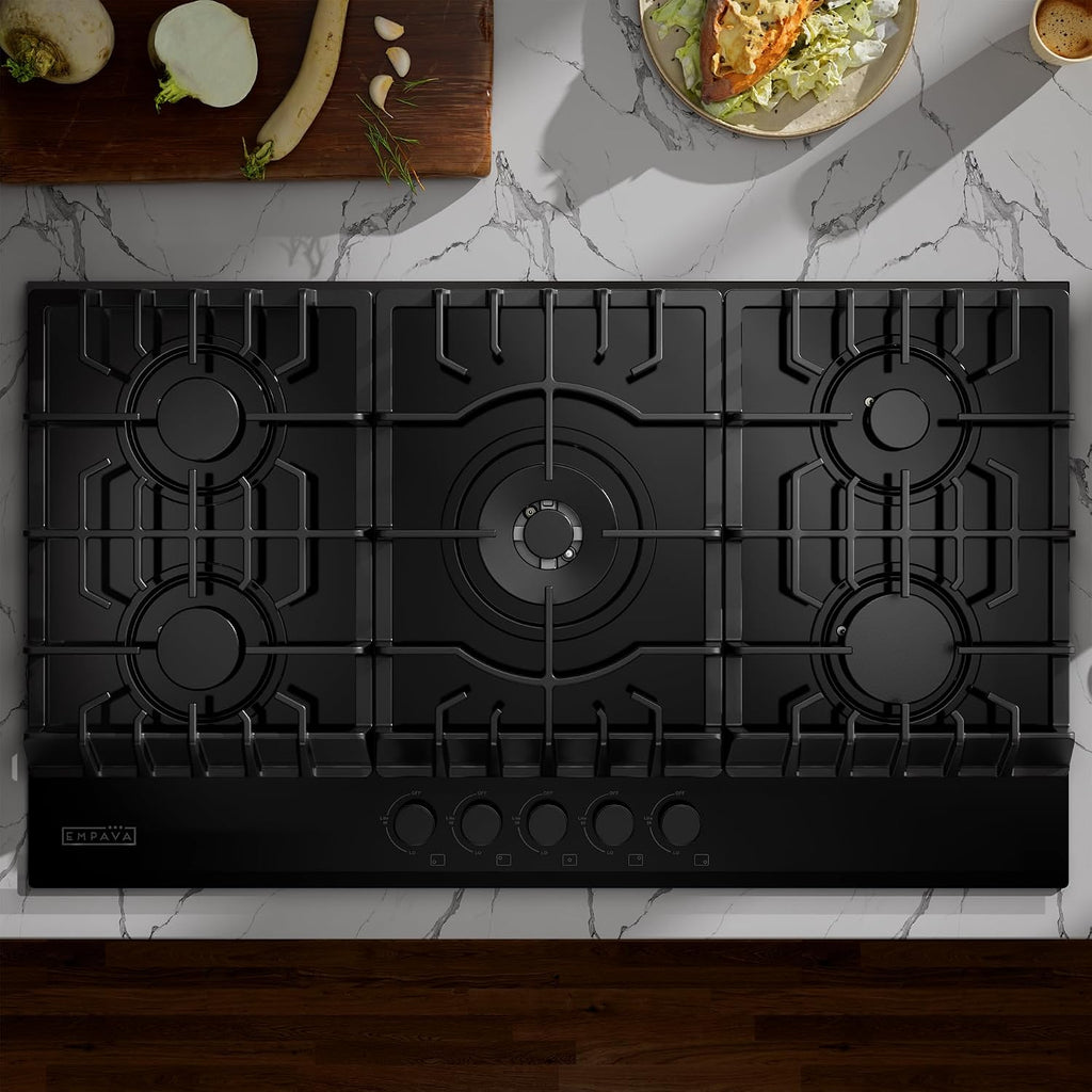 Empava 36' Gas Stove Cooktop NG/LPG Convertible with 5 Italy Sabaf Sealed Burners in Black Tempered Glass