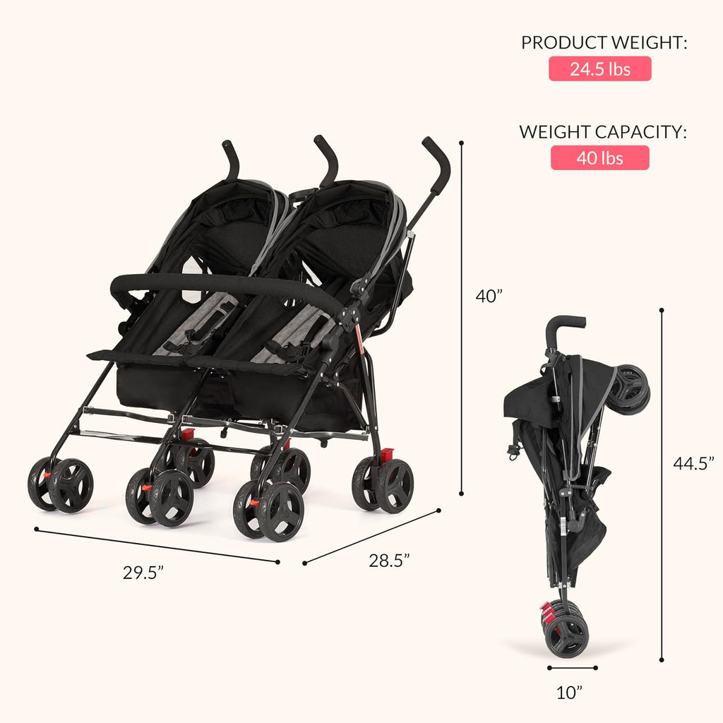 Dream On Me Volgo Twin Baby Stroller, Lightweight Side-by-Side Double Umbrella Stroller with Adjustable Canopy, 5-Point Harness, Storage Basket & Travel-Friendly Fold – Black