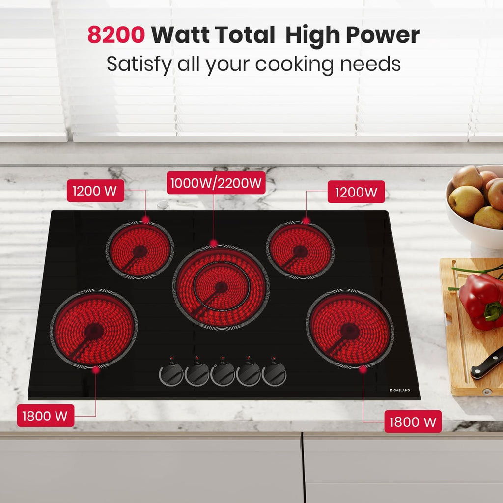 GASLAND 36 Inch Electric Cooktop, 8200W Drop-in Radiant Glass Stove Top CH90BS with 5 Burners, 220V Ceramic Electric Stovetop, 7 Power Levels, Mechanical Knob Control, Hot Warning, Hard Wire