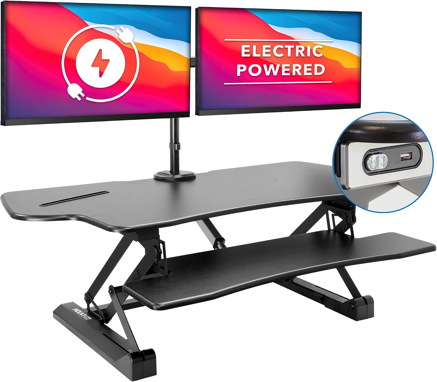 Mount-It! Electric Standing Desk Converter with Dual Monitor Arm, Stand Up Desk Riser X-Large 47.2' Wide, Electric Desk Riser with Mount for 2 Screens (Max 32'), Desktop with Keyboard Tray, USB, Black