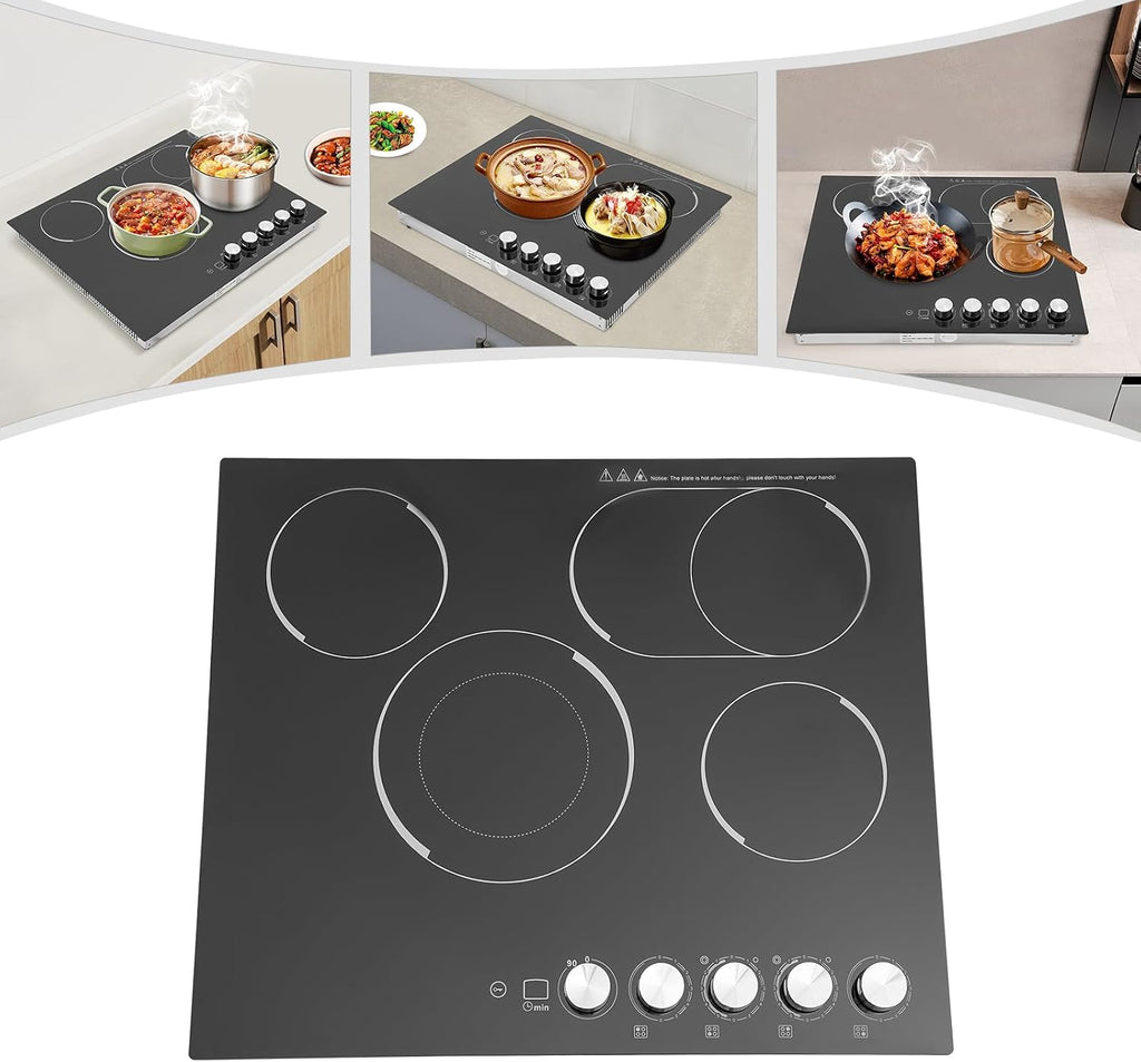110V 3400W Electric Ceramic Cooktop,4 Burners Built-in Stovetop with Knob Control,Safety Lock,0-90' Timer, 5 Gears Firepower, 23.6in Countertop Electric Hot Plate without Plug