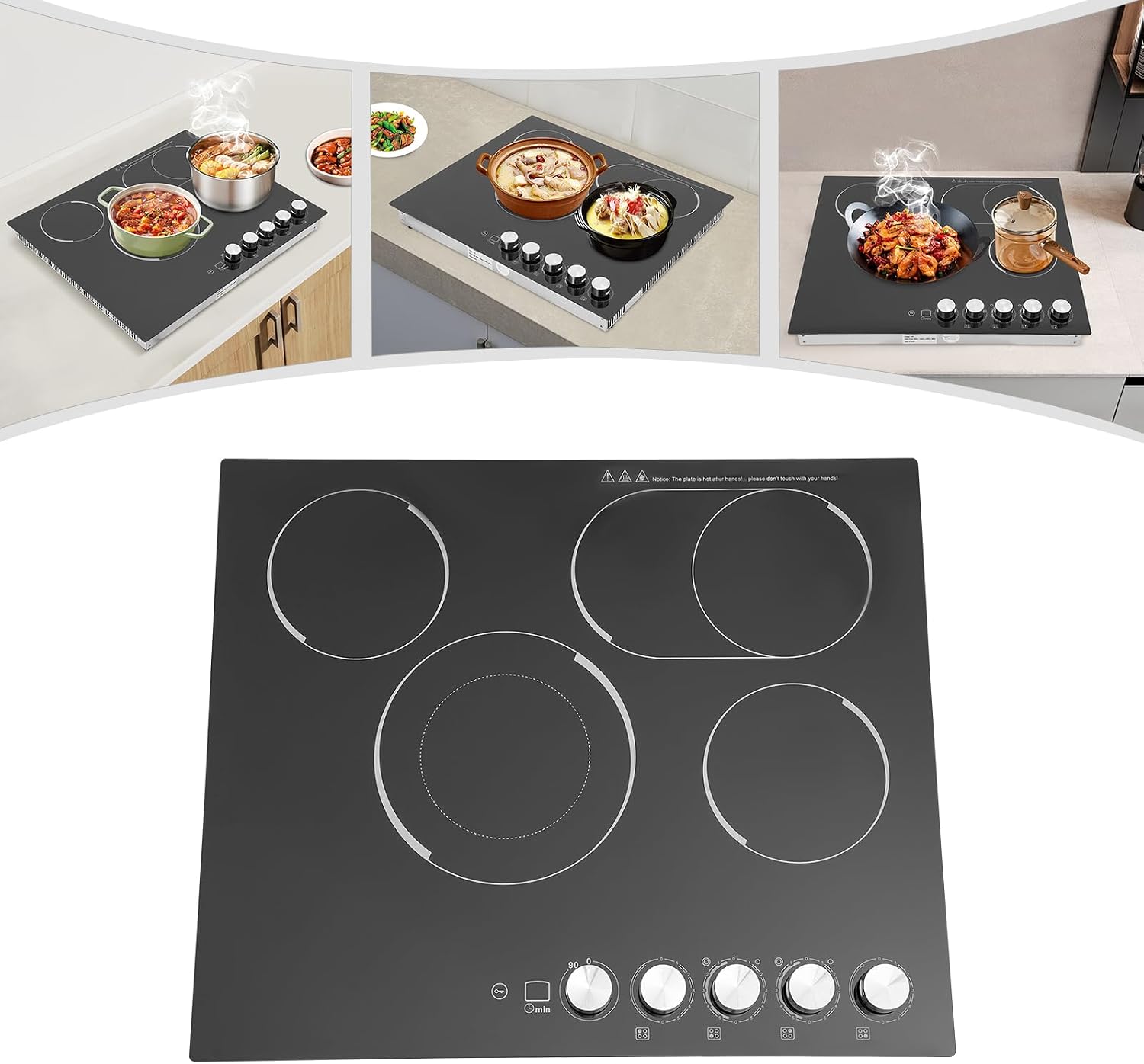 110V 3400W Electric Ceramic Cooktop,4 Burners Built-in Stovetop with Knob Control,Safety Lock,0-90' Timer, 5 Gears Firepower, 23.6in Countertop Electric Hot Plate without Plug
