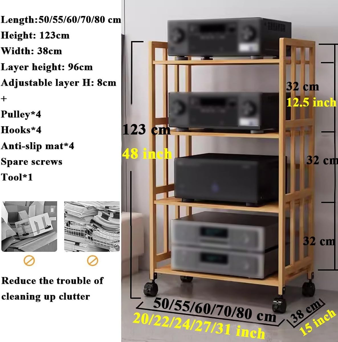 Media Stand 2/3/4/5 Tier Media Component Storage Unit Shelves, Movable Audio Video Tower DVD Cd Record Player Stand Stereo Equipment Cabinet, Turntable Holder for Living,W50Cm4 Tier