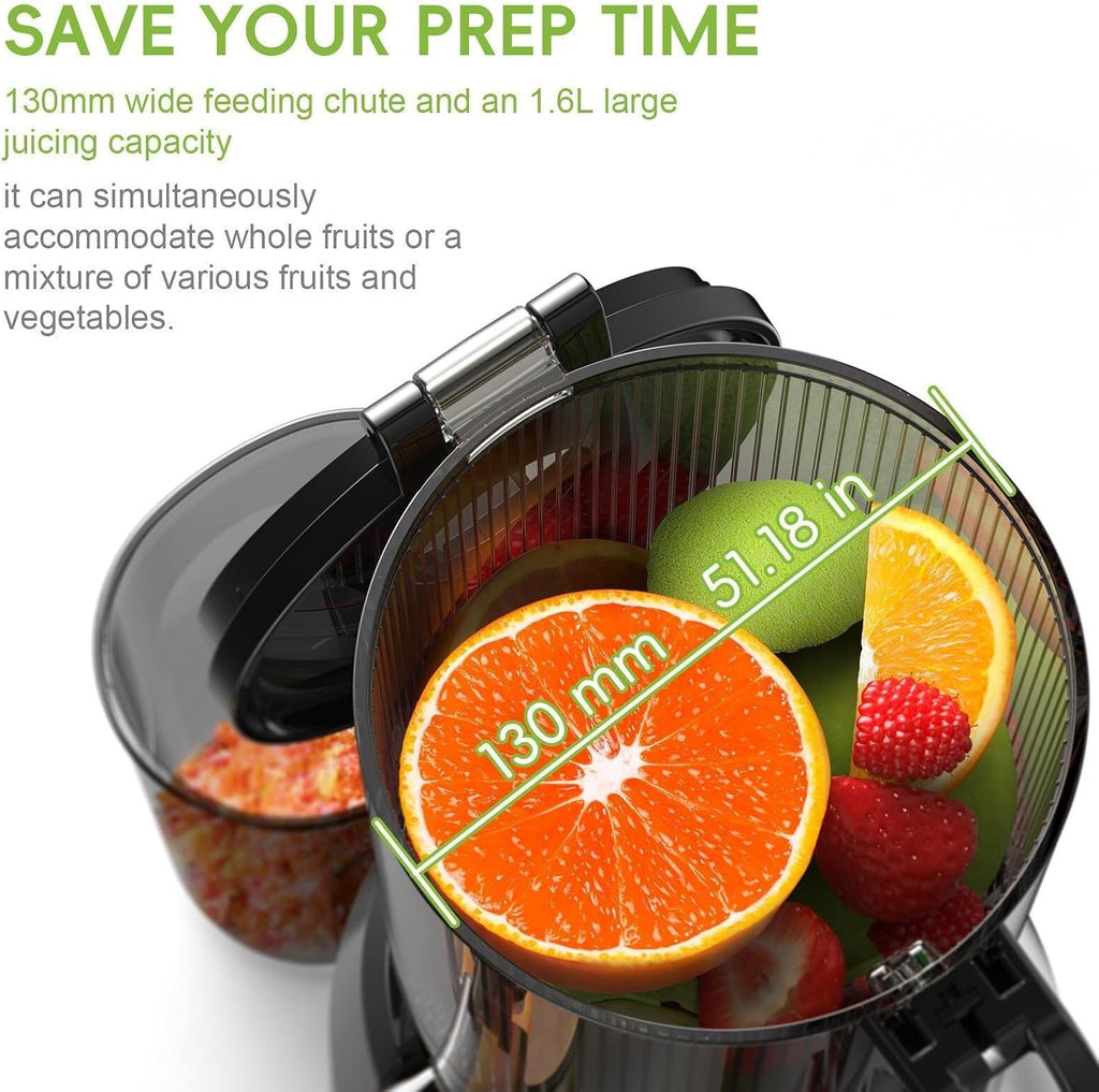 Masticating Juicer with 130mm Feed Chute, 250W Cold Press Juicer, 1.6L Capacity, Slow Juicer for Whole Fruits & Vegetables, Easy to Clean, Grey