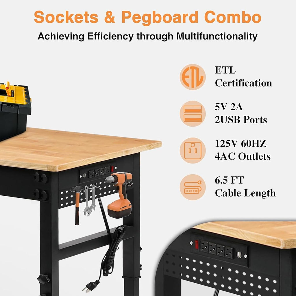 Betterhood 96' Adjustable Workbench, 5000 LBS Heavy Duty Work Table with Power Outlets & Pegboard, Rubber Wood Workstation for Garage, Workshop, Office, Home, Commercial