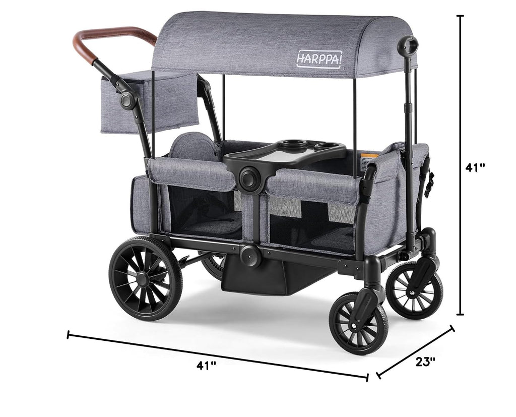 HARPPA All-Terrain Wagon Stroller for 2 Kids, Foldable Outdoor & Beach Stroller Wagon with Removable Canopy, Adjustable Push & Pull Handle, Footwell & Large Storage, Grey