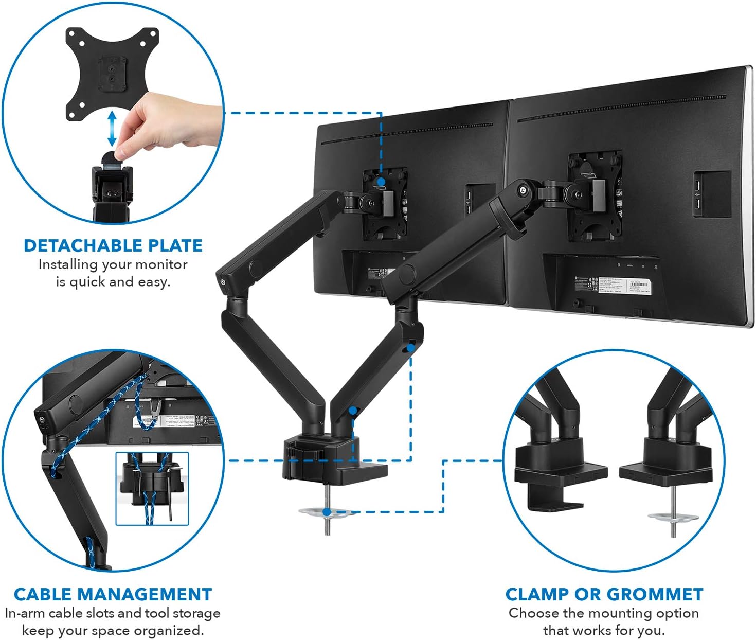 Mount-It! Dual Monitor Arm Mount Desk Stand | Premium Quality | Articulating Mechanical Spring Height Adjustable | Fits Two 24 27 29 30 32 Inch VESA 75 100 Compatible Screens | C-Clamp and Grommet