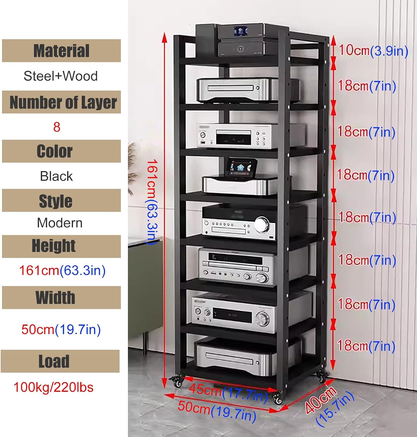 Tall Stereo Racks And Stands on Wheels Media Storage Cabinet Rack, Black Modern Entertainment Stereo Components Stand, Audio Video Equipment Rack（8 tier-50cm wide）