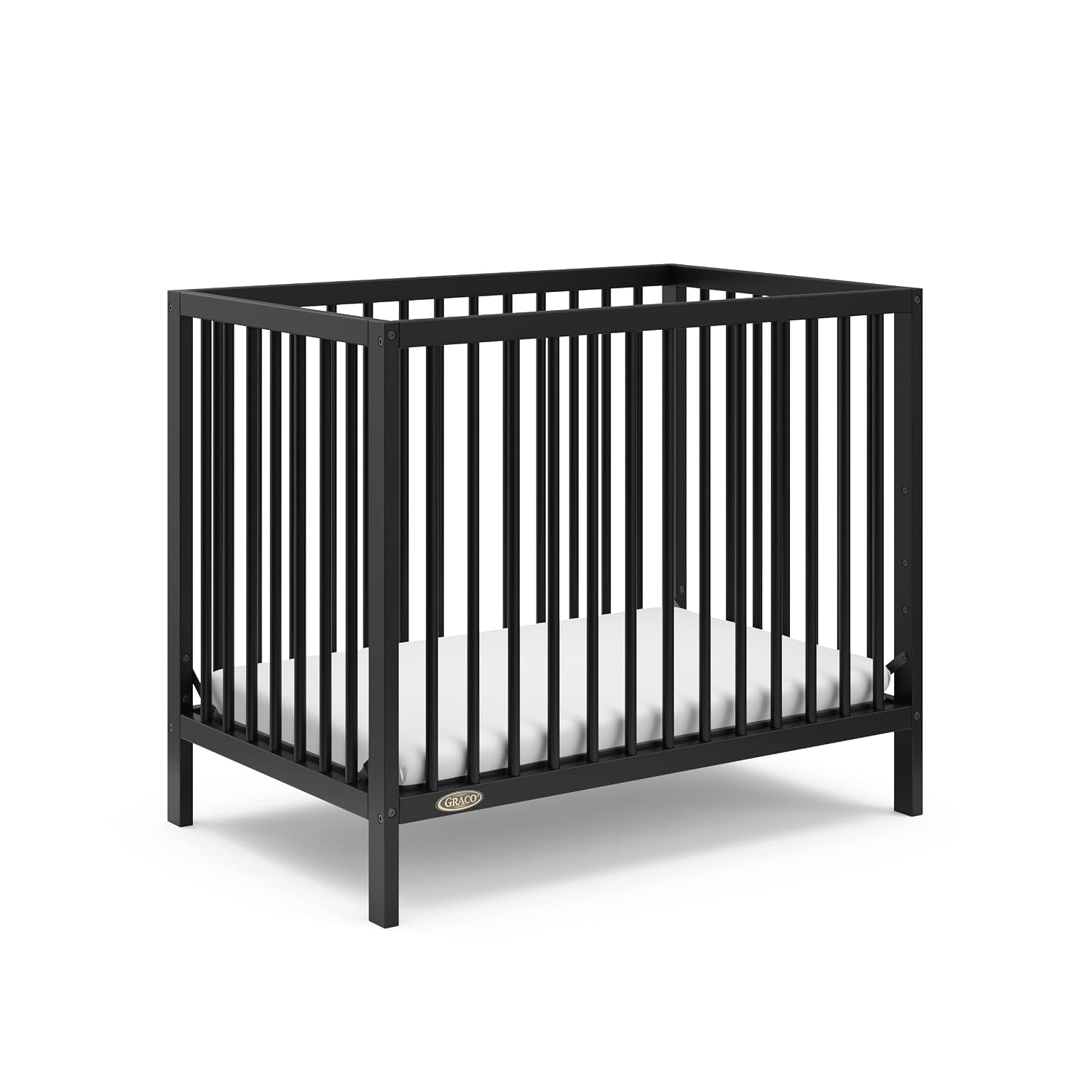 Graco Teddi 4-in-1 Convertible Mini Crib with Bonus Water-Resistant Mattress – GREENGUARD Gold Certified, 2.75-Inch Mattress Included, Small Spaces Crib, Easy 30-Minute Assembly (Black)