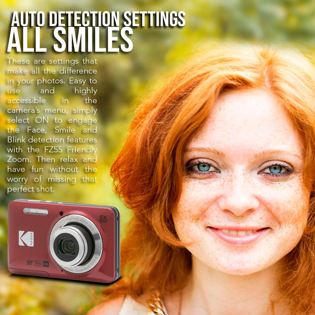 Kodak PIXPRO Friendly Zoom FZ55 Digital Camera (Red) Bundle with 32GB Memory Card and Digital Camera LCD Screen Protectors (3 Items)