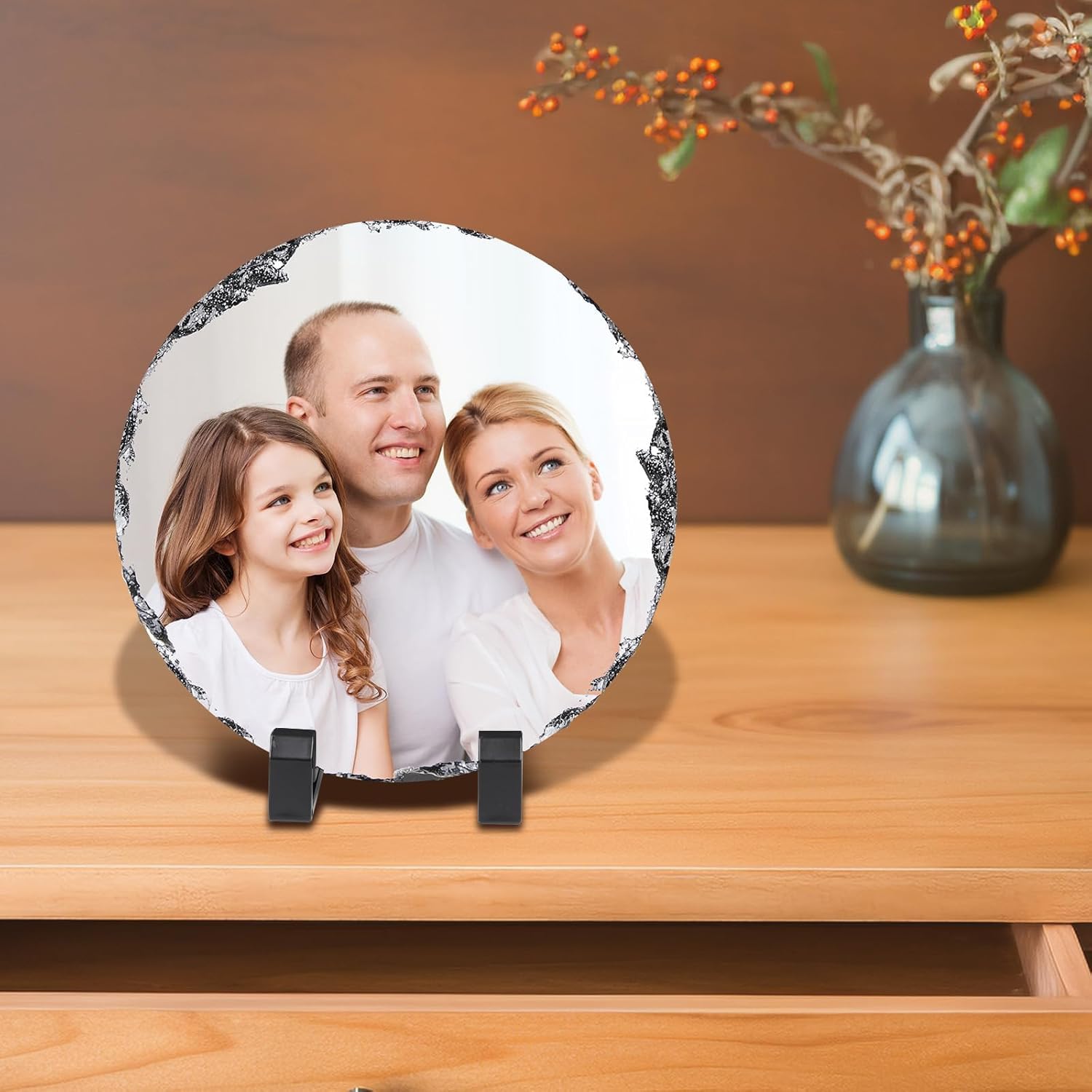 ORJ Sublimation Slate Blanks Custom Stone Slate Picture Frame Heat Transfer Rock Photo Plaque with Display Stand Decoration for Desktop Souvenir DIY Personalized Gift (round Slate * 40PCS)
