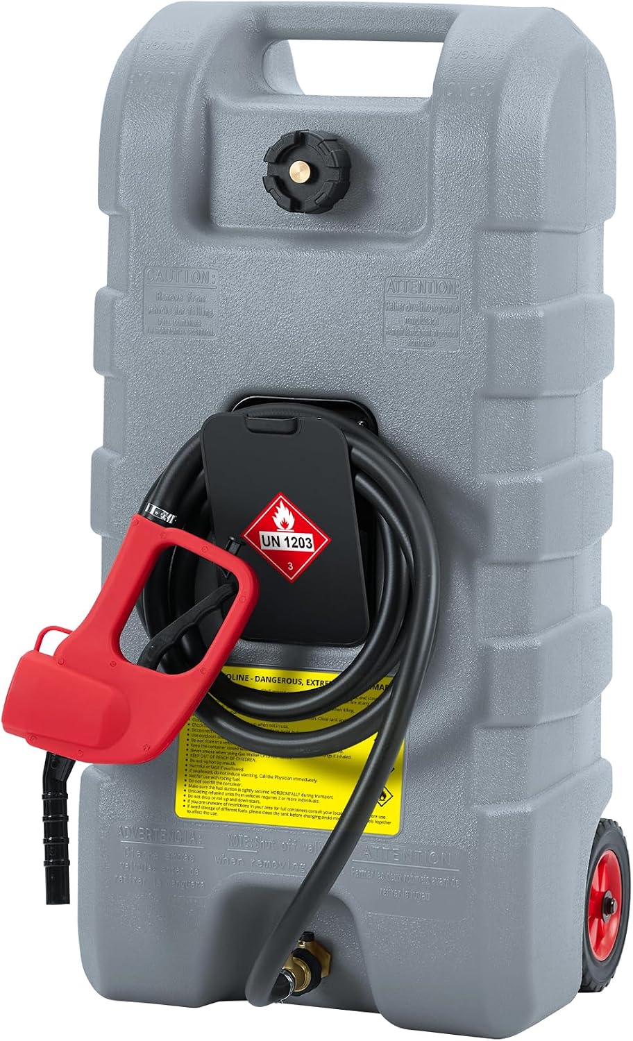 15 Gallon Portable Gas Tank with Caster,LE Fluid Transfer Siphon Pump,Fuel Caddy With 10Ft Hose. Delivery Hose Diesel Fuel Gas Can for Cars, Lawn Mowers, Boats Red/Gray/Yellow, Portable Diesel Can