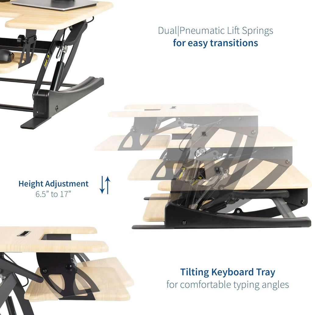 VIVO 36 inch Height Adjustable Stand Up Desk Converter, V Series, Quick Sit to Stand Tabletop Dual Monitor Riser Workstation, Light Wood Top, Black Frame, DESK-V000VO