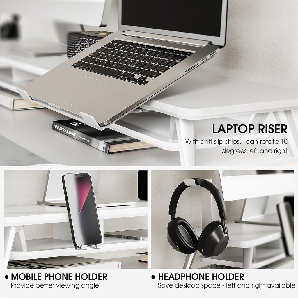 Fenge Dual Monitor Stand, Monitor Riser for 2 Monitors with Adjustable Laptop Riser , 42.5 Inch Desk Shelf for Top of Desk with Phone Holder& Headphone Stand