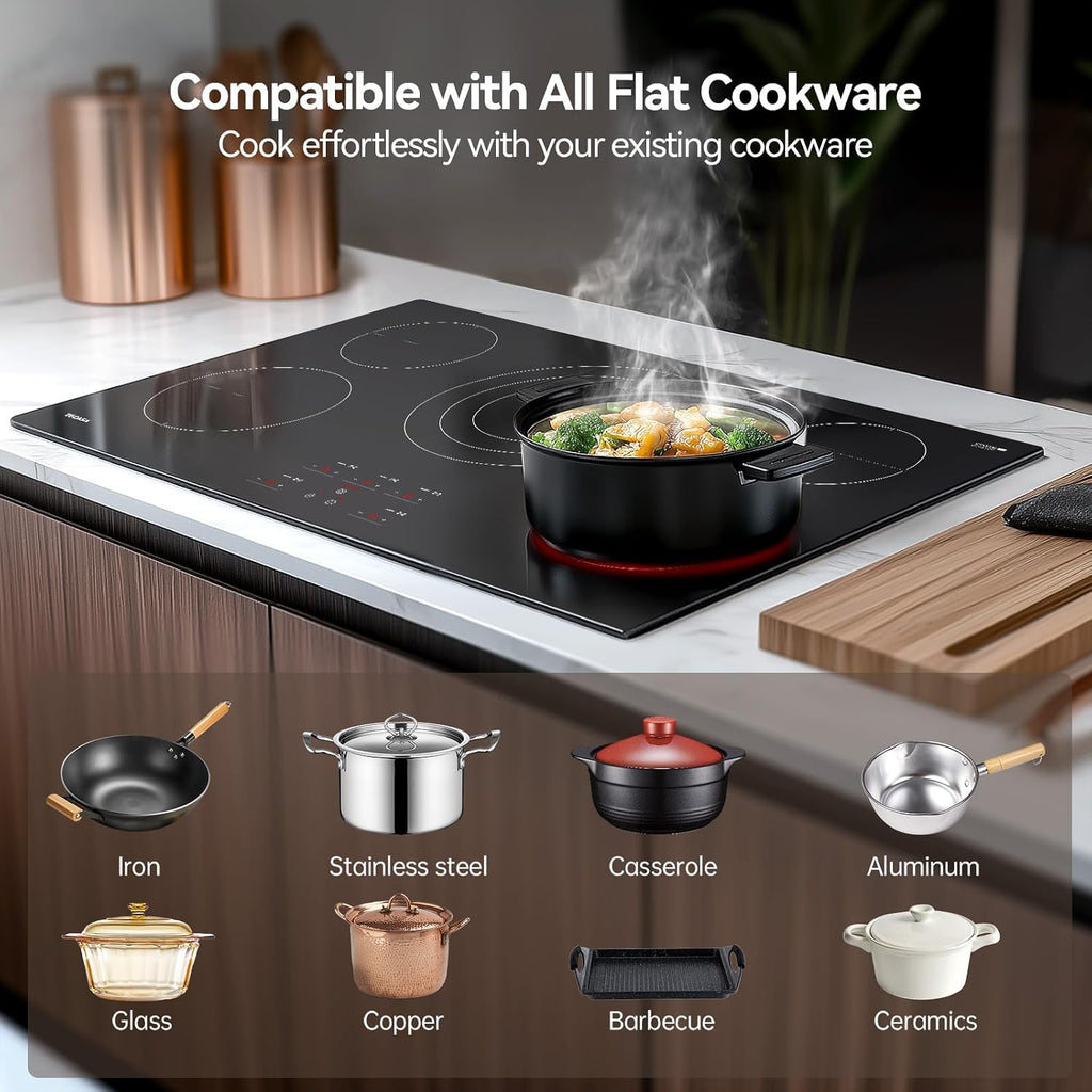36 Inch Electric Cooktop, TECASA 9000W Radiant Electric Hob with 5 Burners, 240V Built-in Sensor Touch Control Stove Top with Child Safety Lock & Timer, 9 Heating Levels, Hard Wire (No Plug)