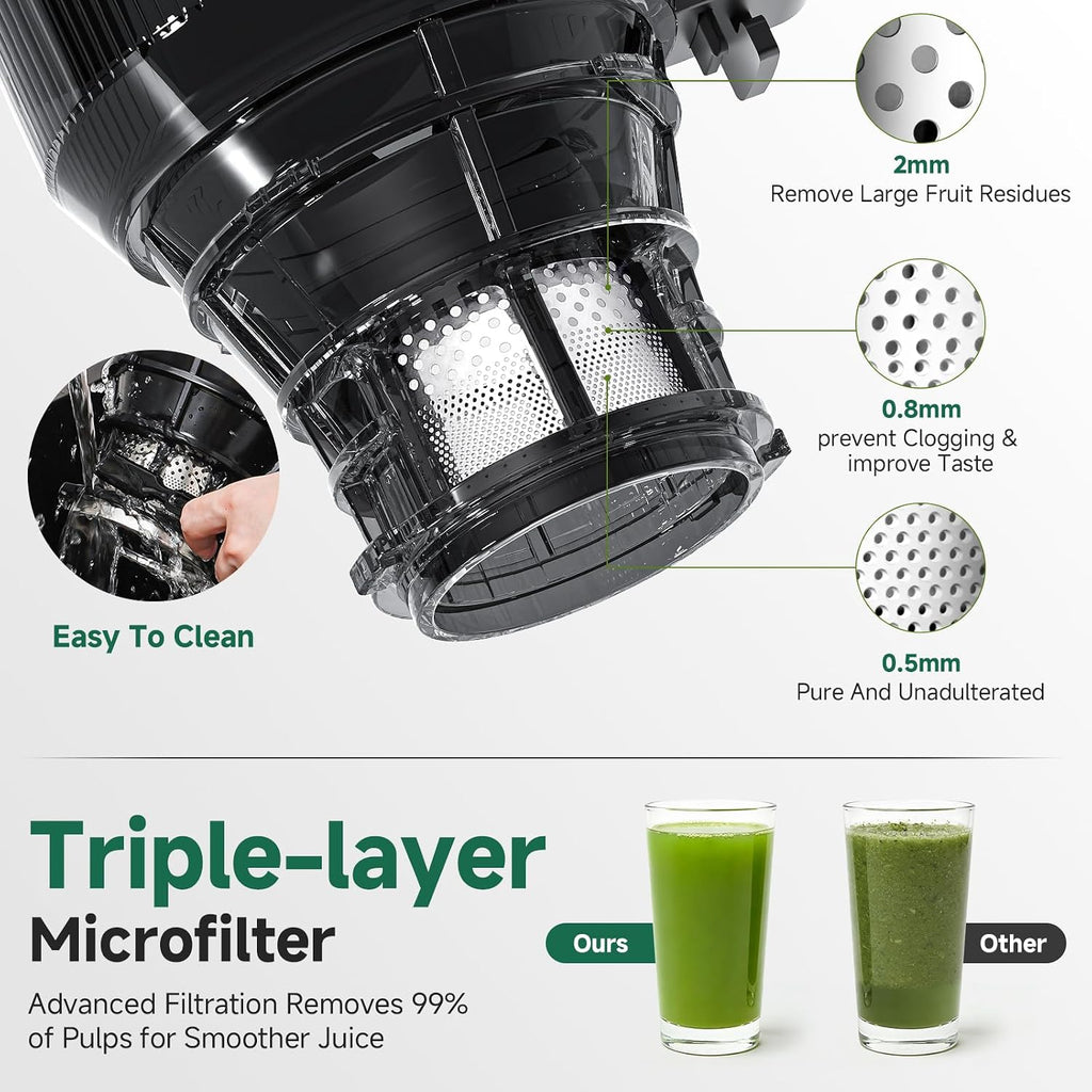 AMZCHEF Cold Press Juicer – 6.5' Wide Mouth Hopper for Whole Recipe Loading, Self Feeding for Hands-Free Operation, Zero Waste Masticating Juicer For More Juice, Less Pulp – Triple Strainers