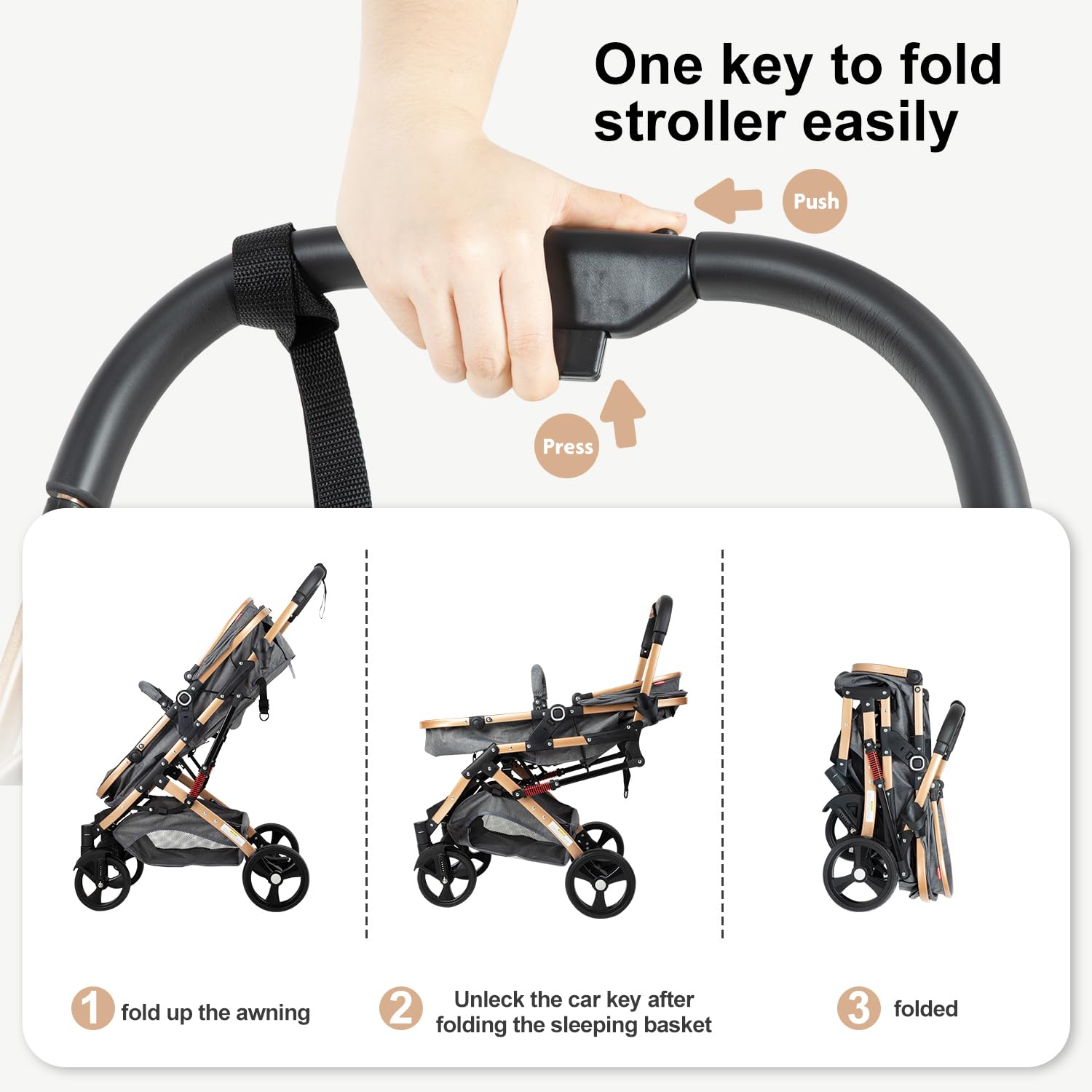2 in 1 Baby Stroller Newborn Stroller Foldable Convertible Infant Stroller Pushchair Folding High Landscape Infant Carriage,Toddler Pushchair Gray Baby Stroller