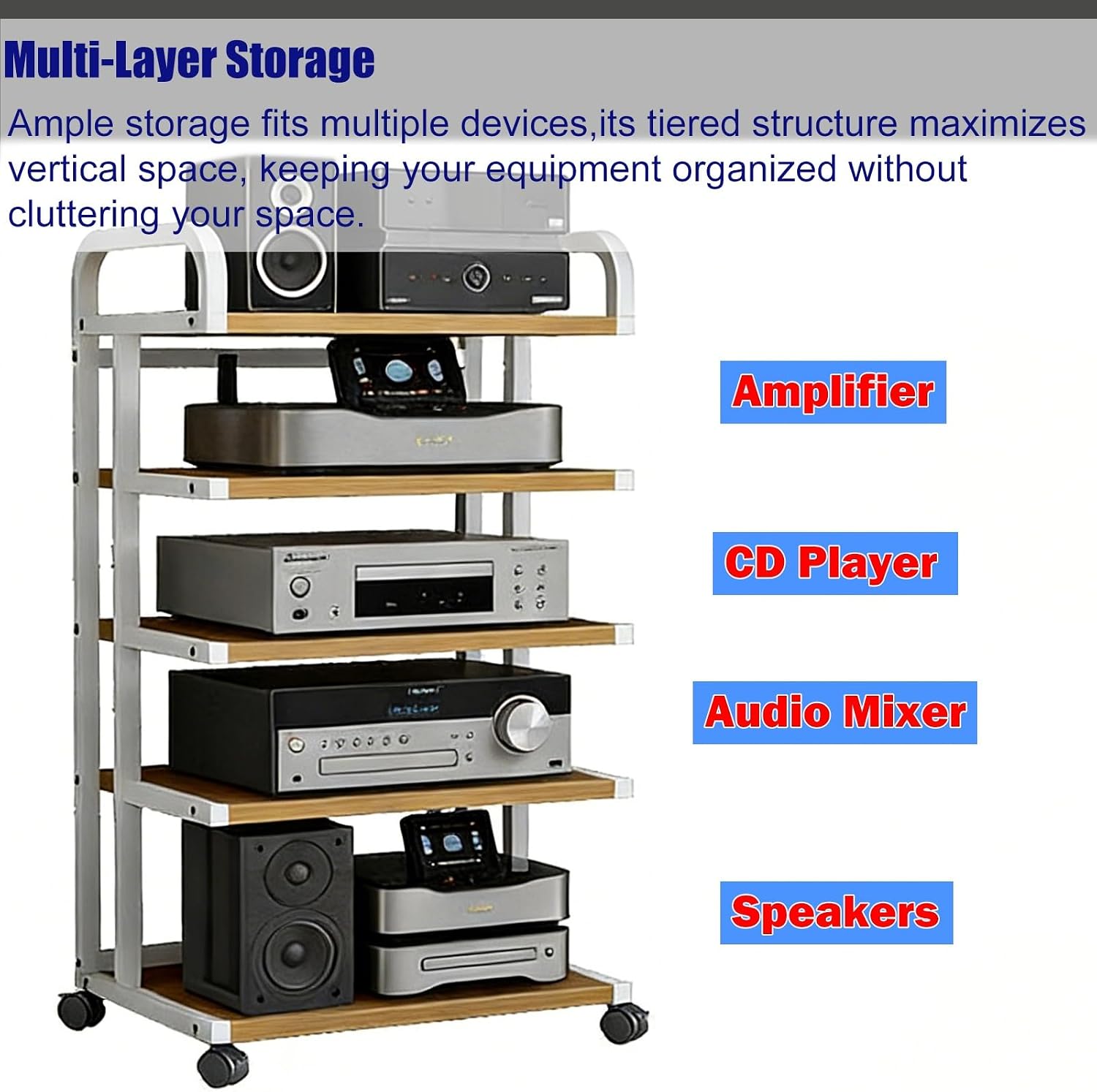 YLLFFLL Easy Assembly Av Storage Cabinet 2-Tiers HiFi Racks Media Black, Audio Component Rack Tower Media Stereo Stand Equipment Shelf for Living Room, on Wheels(H 45CM(17 7/10IN))