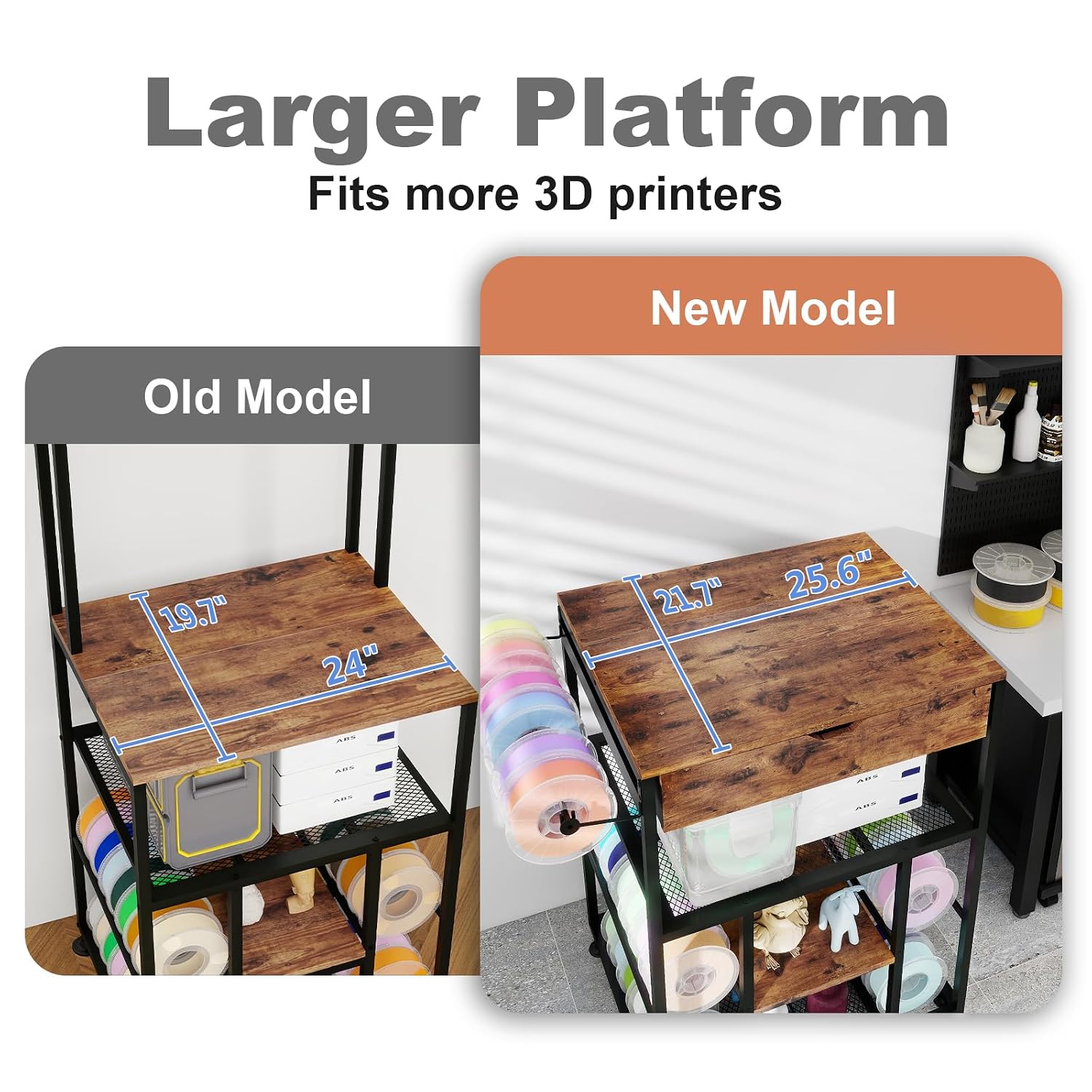 PUNCIA 25.6″ × 21.7″ Platform 3D Printer Stand with Filament Storage, All-in-One Heavy-Duty Rack Organizer for PLA ABS Spools 3D Printing Shelf for FDM & SLA Printers Home Office Workshop Studio Setup