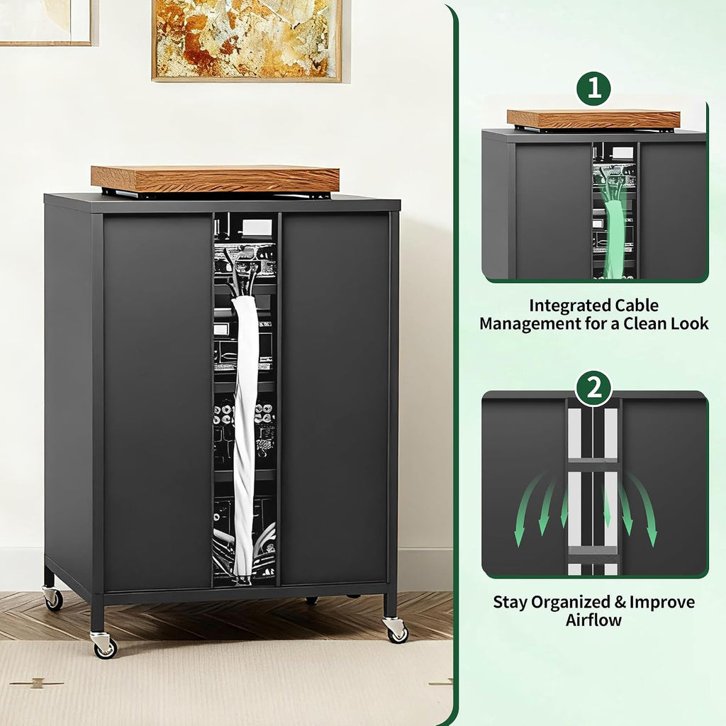 35.8' H Media Storage Cabinet with Wheels, Audio-Video Media Stand, Stereo Cabinet with Adjustable Shelves, Record Player Stand for Meeting, Living, Recording Room
