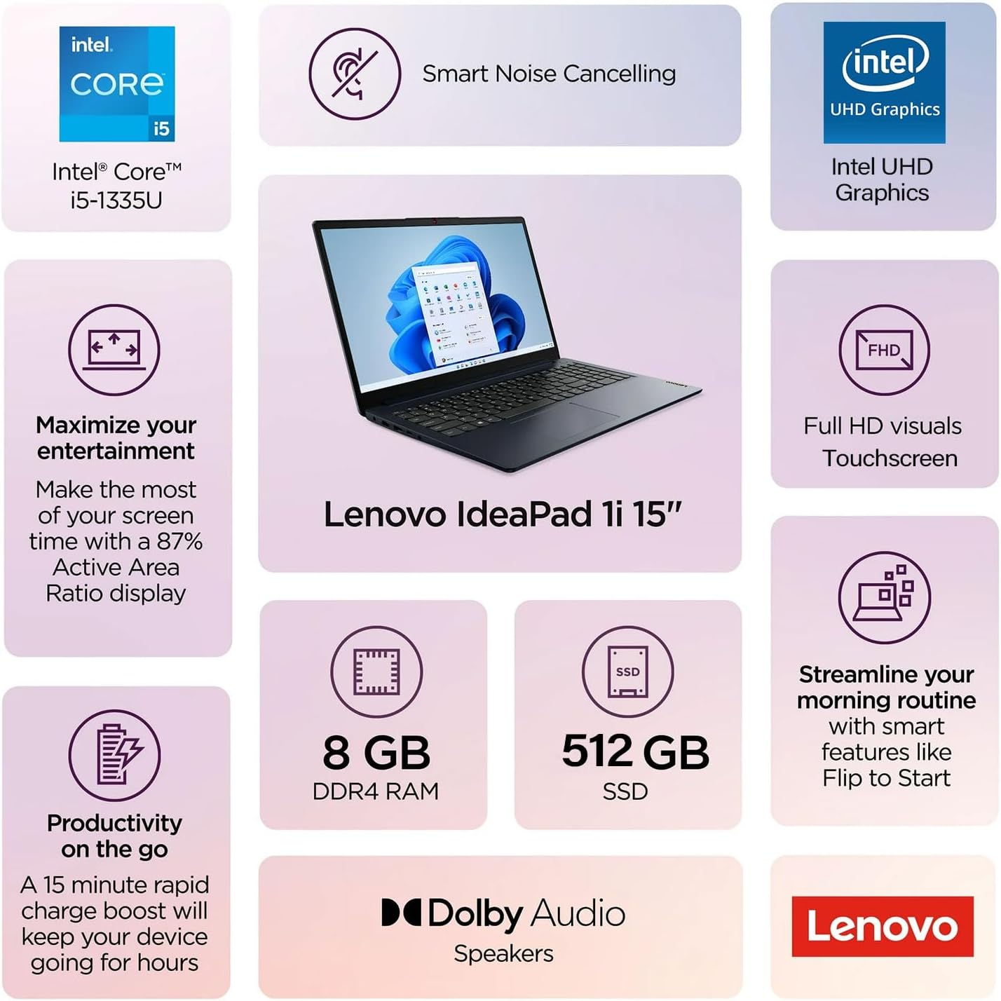 Lenovo IdeaPad 1 15.6' FHD Touchscreen Laptop, Intel Core i5-1335U, 24GB RAM, 1TB SSD, Webcam, HDMI, SD Card Reader, Wi-Fi 6, Win 11 Home, Abyss Blue, Bundle with Thunderobot ML101 Wireless Mouse