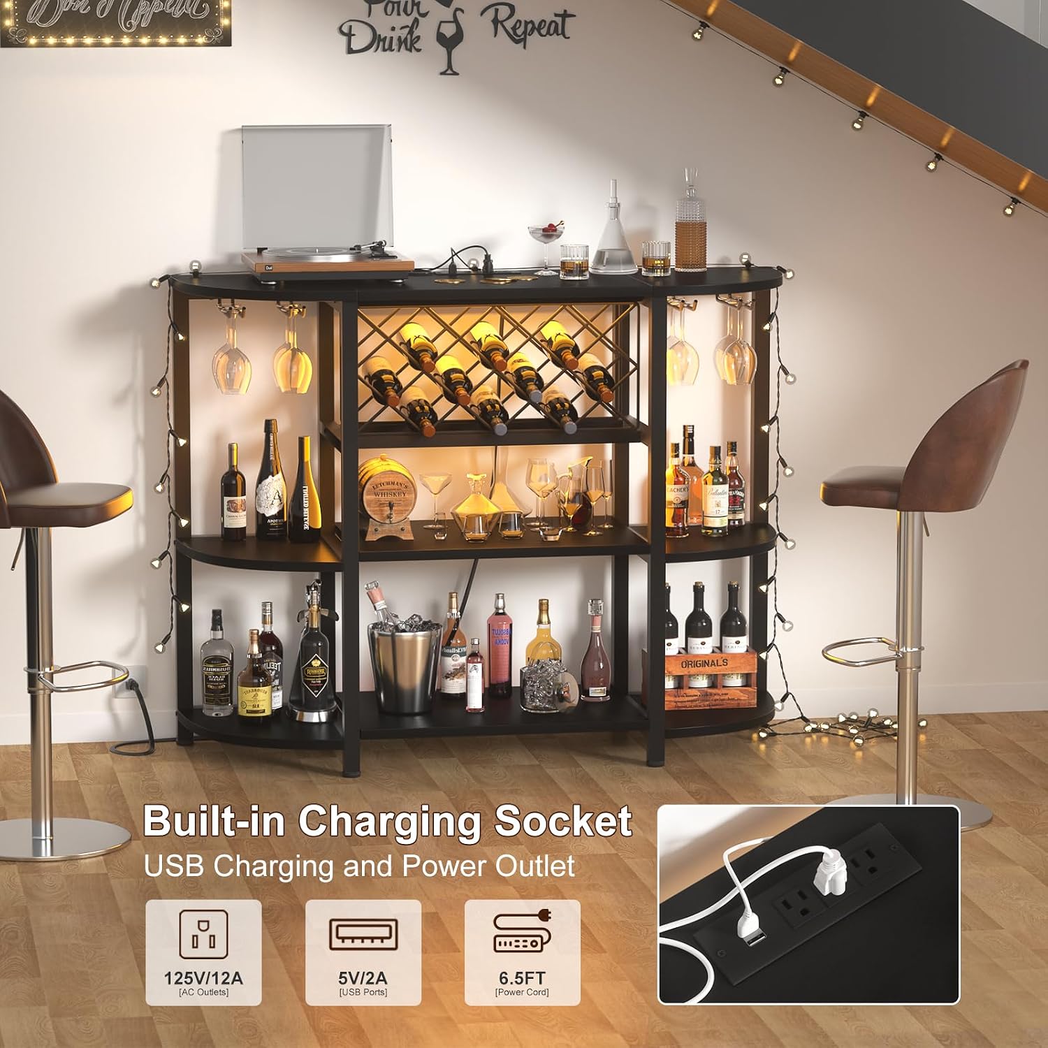 Unikito 4-Tier Metal Coffee Bar Cabinet with Outlet and LED Light, Freestanding Floor Bar Table for Liquor with Glass Holder and Wine Storage, Wine Table Bakers' Rack for Kitchen Dining Room, Black