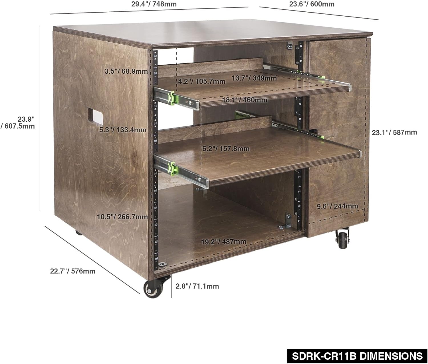 Sound Town DIY 11U Solid Baltic Birch Plywood Plywood Studio Rack with Slide-Out Trays, Cabinet, Casters, Weathered Brown, for Recording Room, Home Studio (SDRK-CR11B)